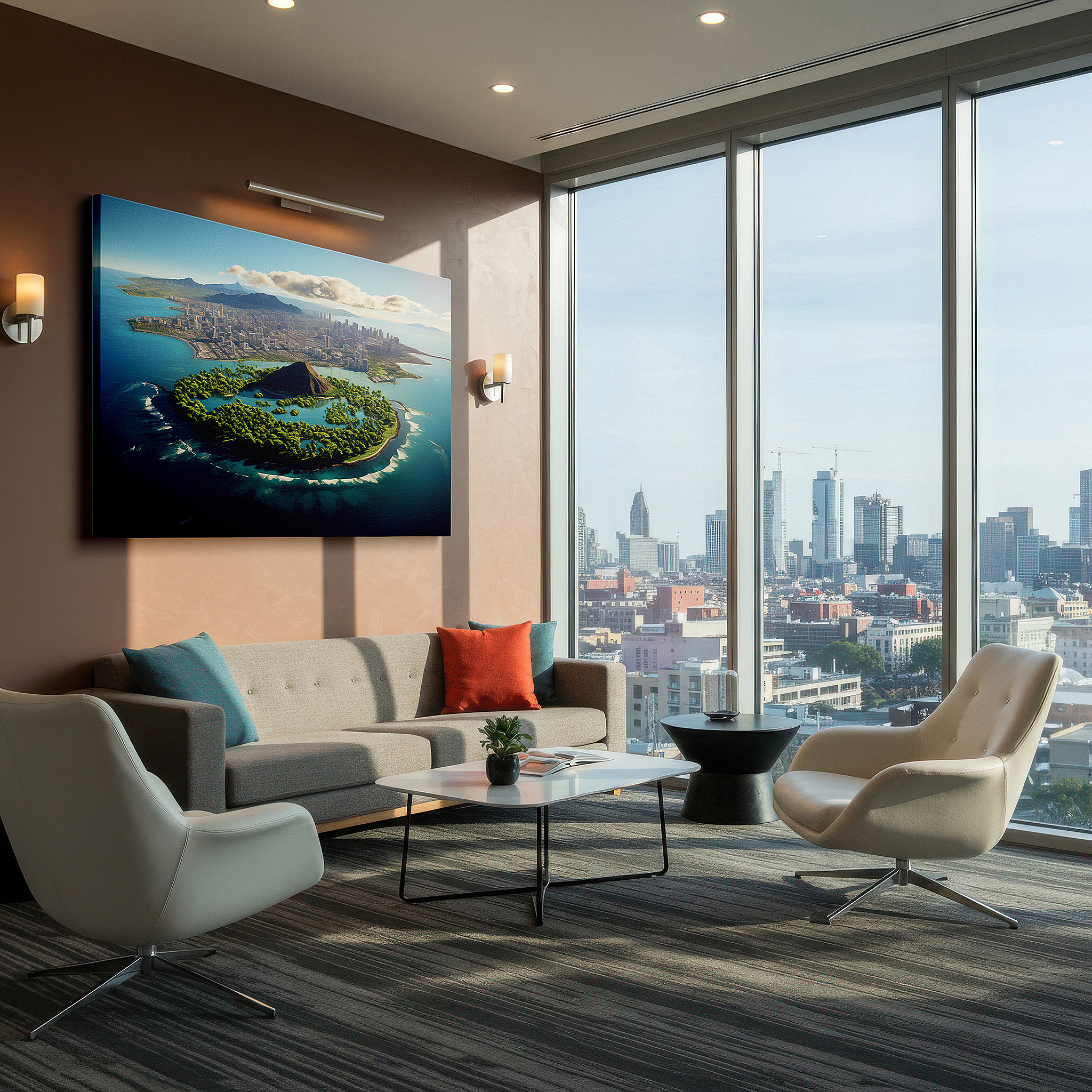 Presented on a clean white gallery wall with ample space — tropical island and urban skyline fusion: stunning nature and innovation large wall art, canvas wall art, wall decor for office