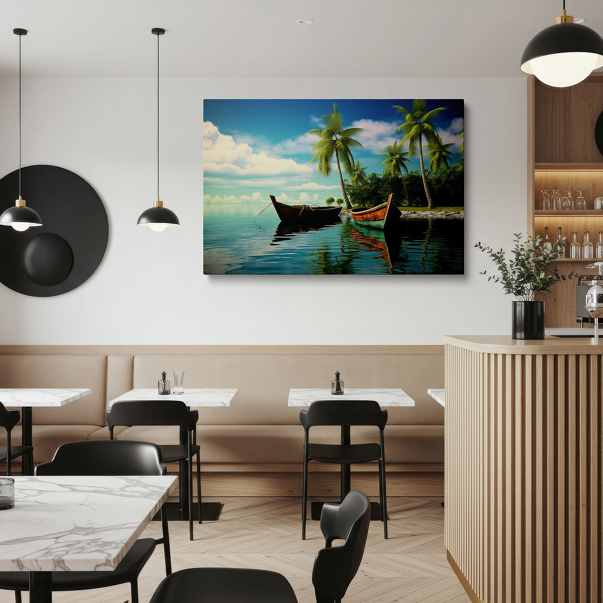 Presented on a clean white gallery wall with ample space — tropical paradise wall art featuring wooden boats and lush palms - large canvas for office, bedroom, and living room decor