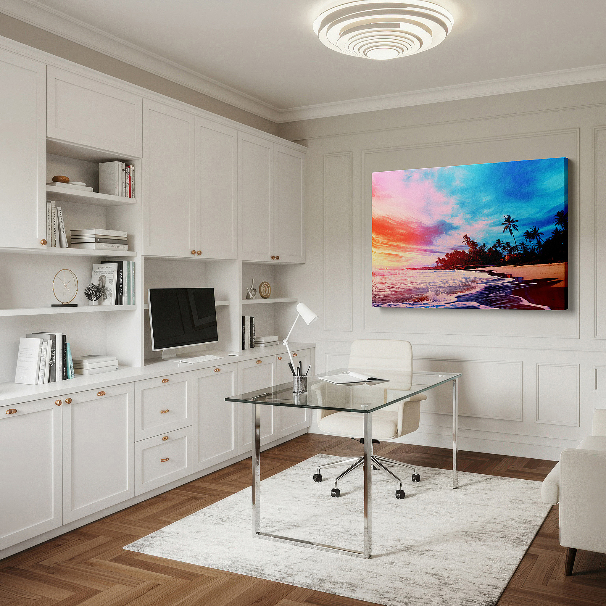 Presented on a clean white gallery wall with ample space — tropical sunset serenity: large canvas wall art featuring lush palms and fiery skies for office, bedroom, and living room decor