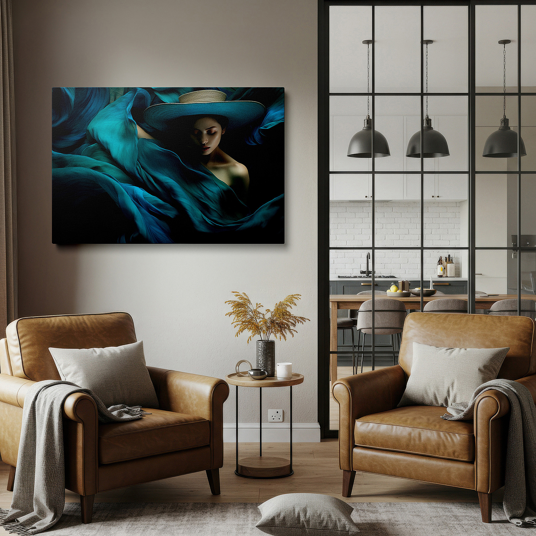 Presented on a clean white gallery wall with ample space — turquoise tranquility: a graceful and mysterious portrait - large wall art, canvas wall art, wall decor for office and bedroom