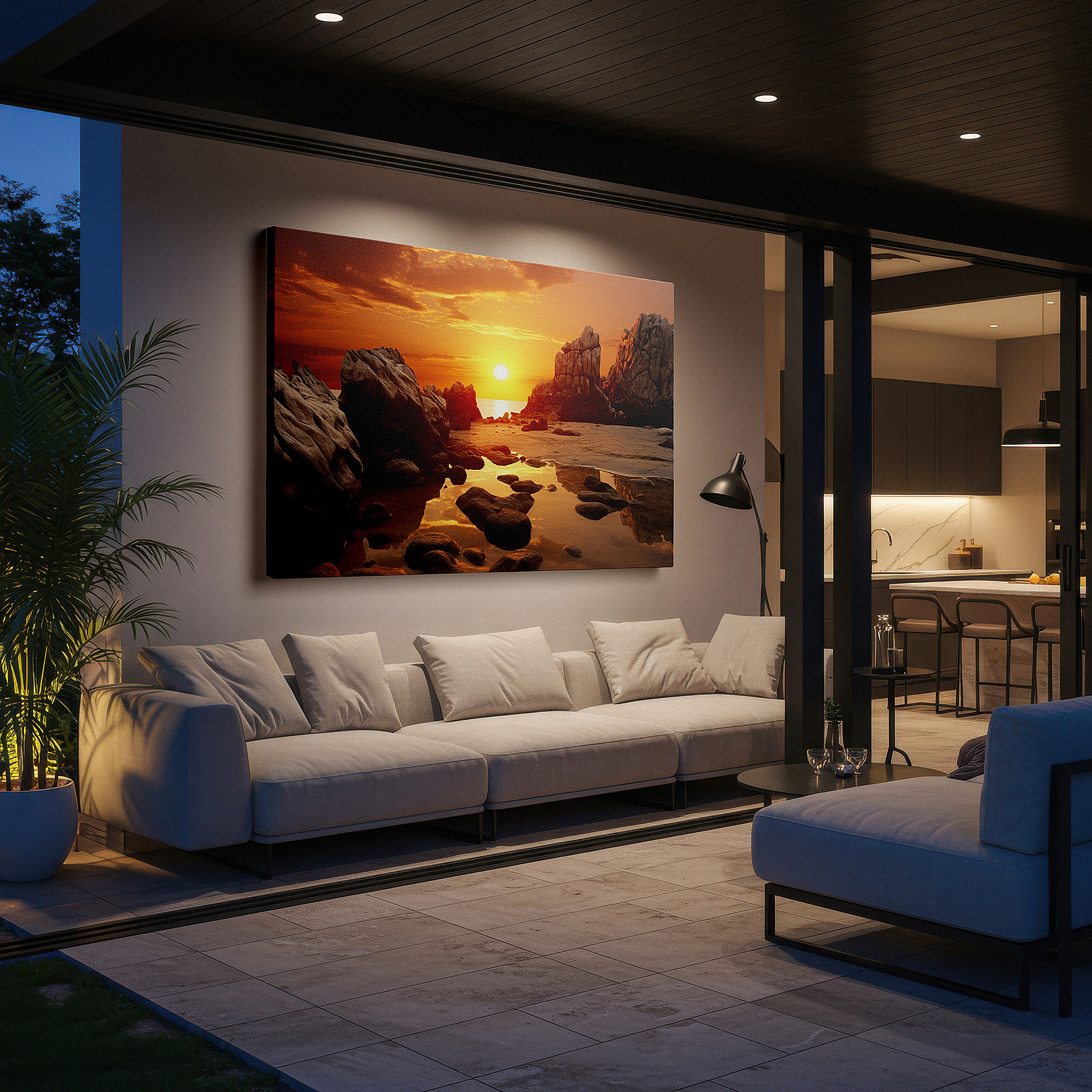 Presented on a clean white gallery wall with ample space — twilight beach scene with vibrant sunset reflections and serene waters large wall art, canvas wall art, wall decor for office