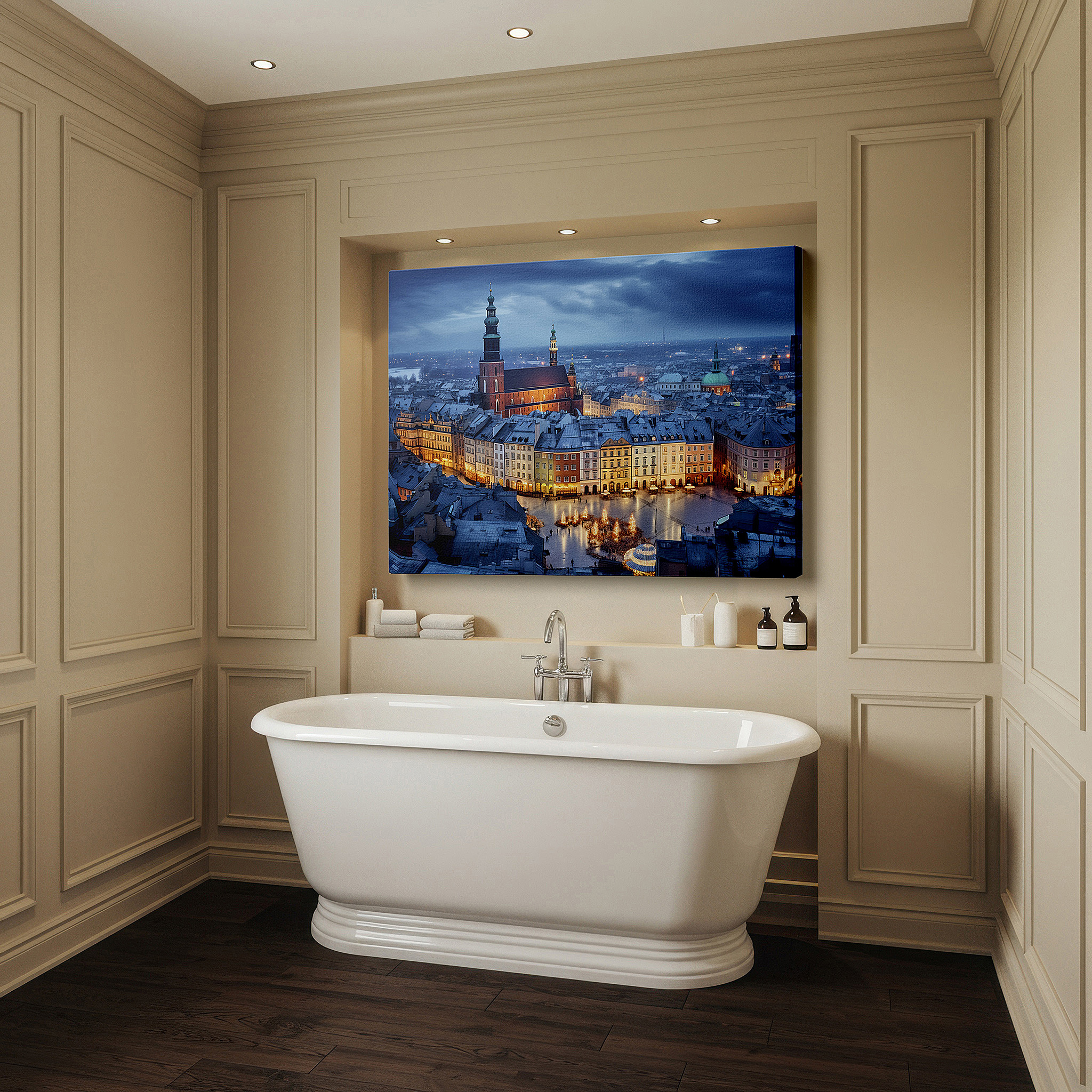 Presented on a clean white gallery wall with ample space — twilight over historic polish cityscape with festive christmas glow - large canvas wall art for office and bedroom decor