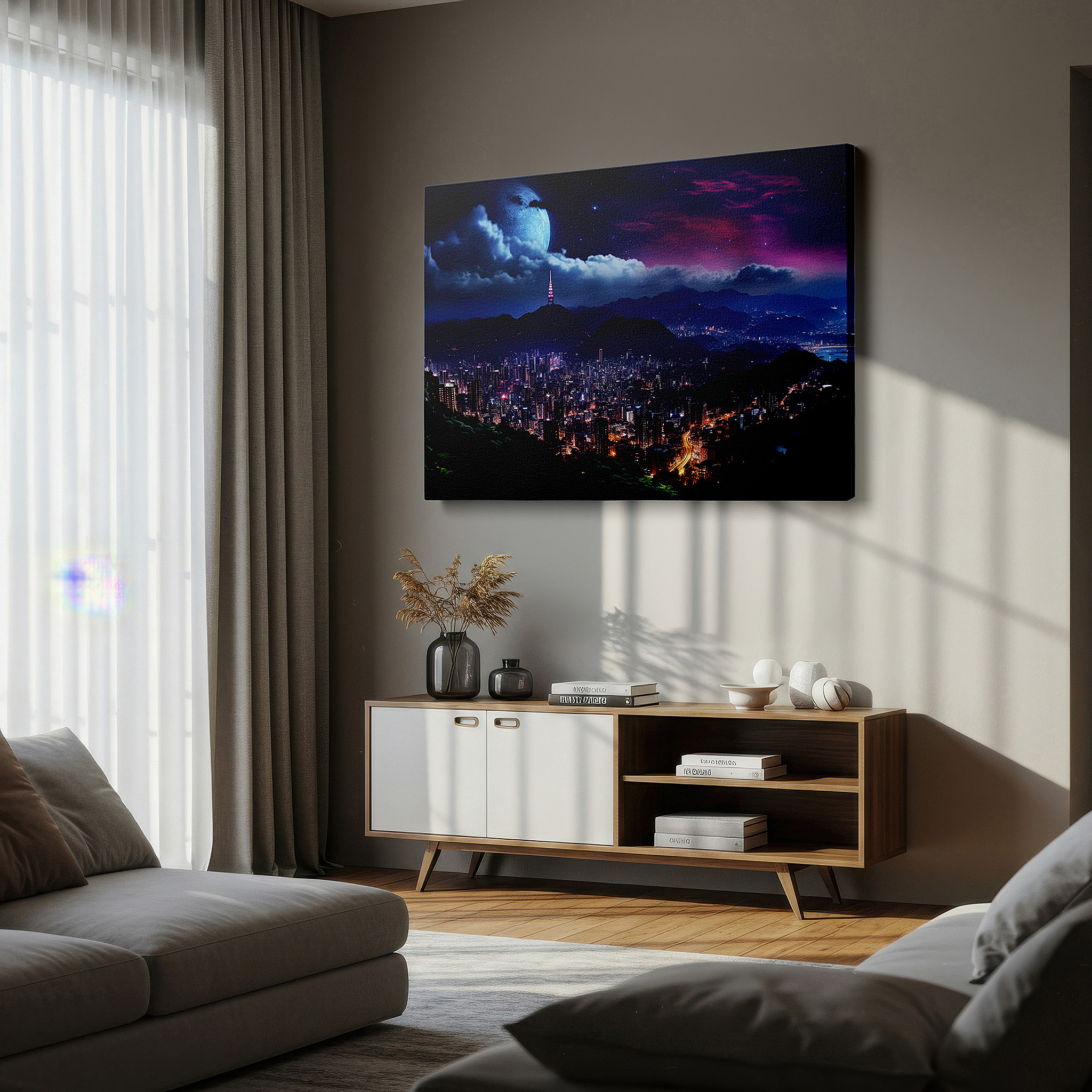 Presented on a clean white gallery wall with ample space — urban nightscape featuring a bright moon above a bustling city - large canvas wall art for offices, bedrooms, and living rooms