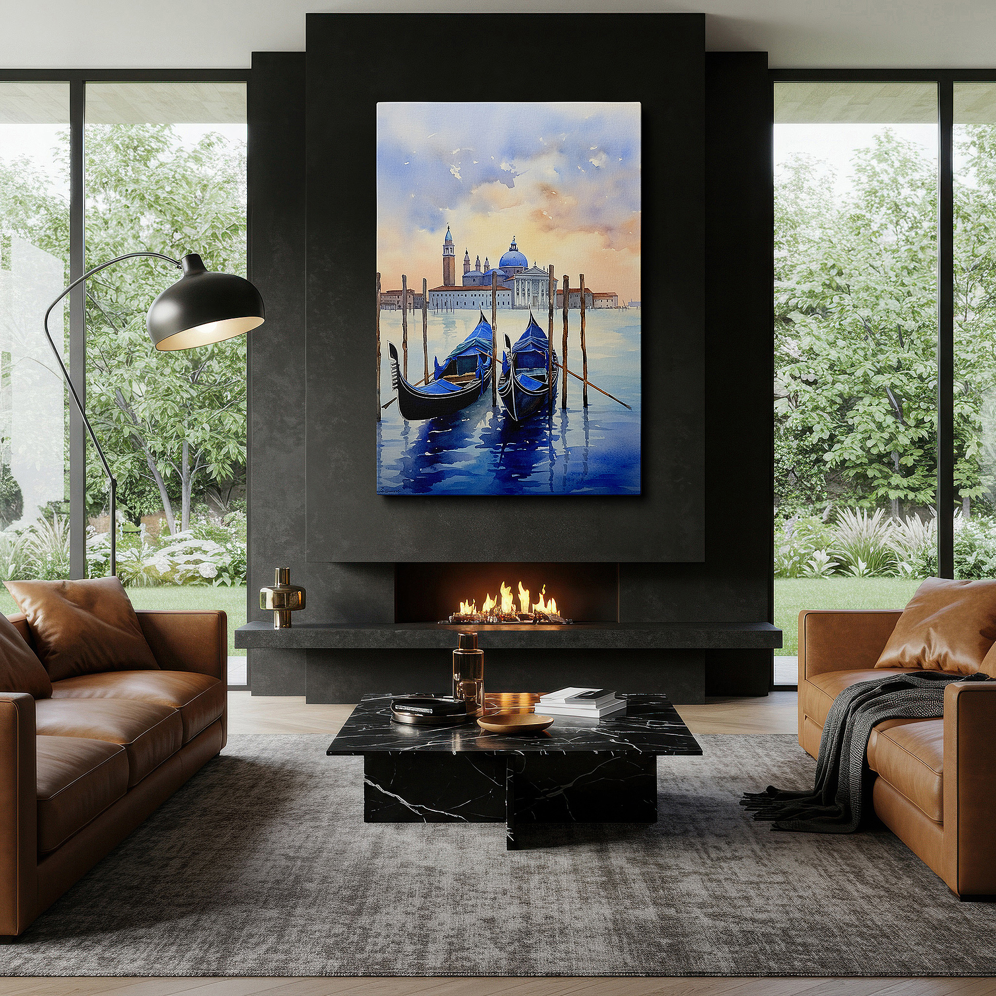 Presented on a clean white gallery wall with ample space — venetian sunset wall art: serene gondolas and reflective lagoon waters - large canvas for home and office decor