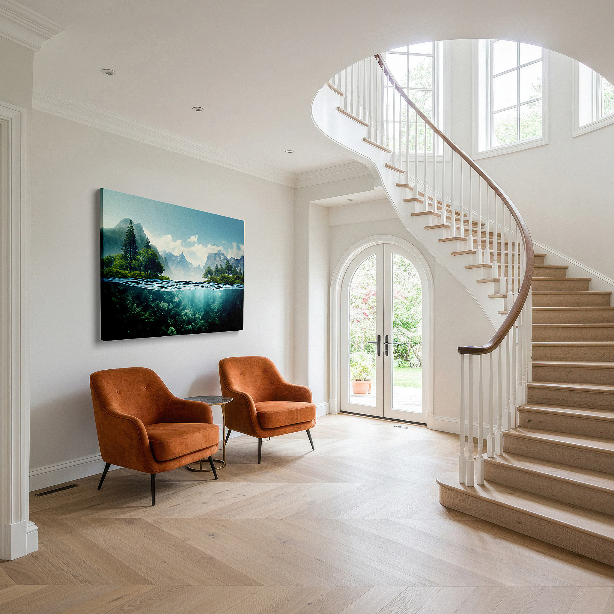 Presented on a clean white gallery wall with ample space — verdant forests to tranquil underwater realms: a seamless fusion of nature's diversity - large wall art, canvas wall art, wall art decor