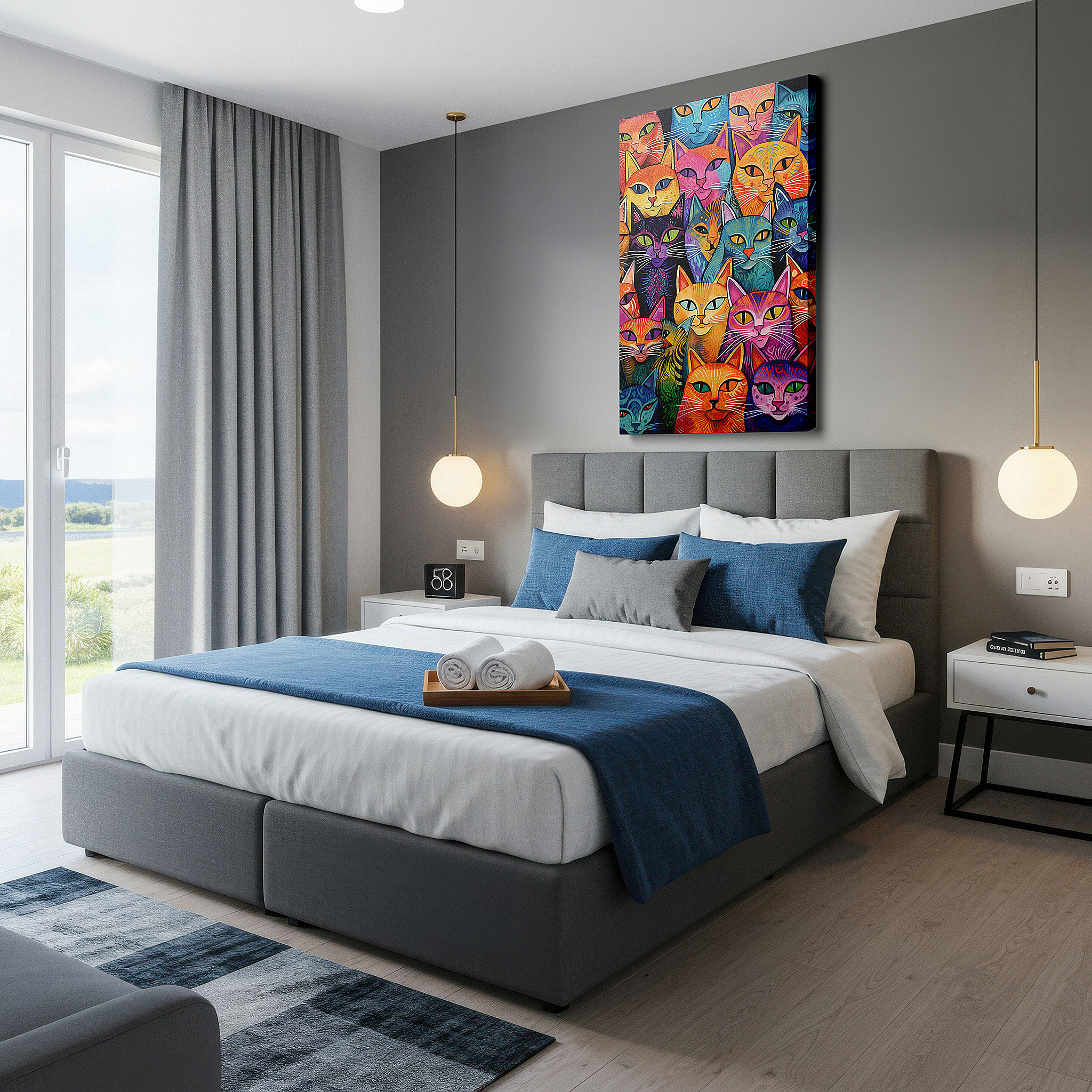 Presented on a clean white gallery wall with ample space — vibrant cat portraits collage: celebrating feline diversity and personality - large wall art, canvas wall art, wall decor for office and bedroom