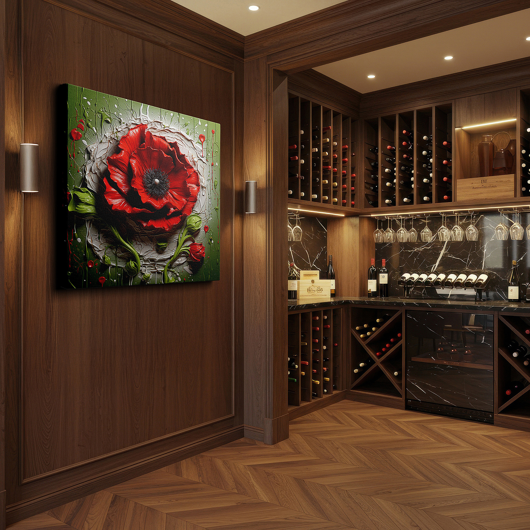 Presented on a clean white gallery wall with ample space — vibrant red poppy amidst chaotic paint splatters - a blend of nature and artistic expression large wall art, canvas wall art, wall decor, office wall art