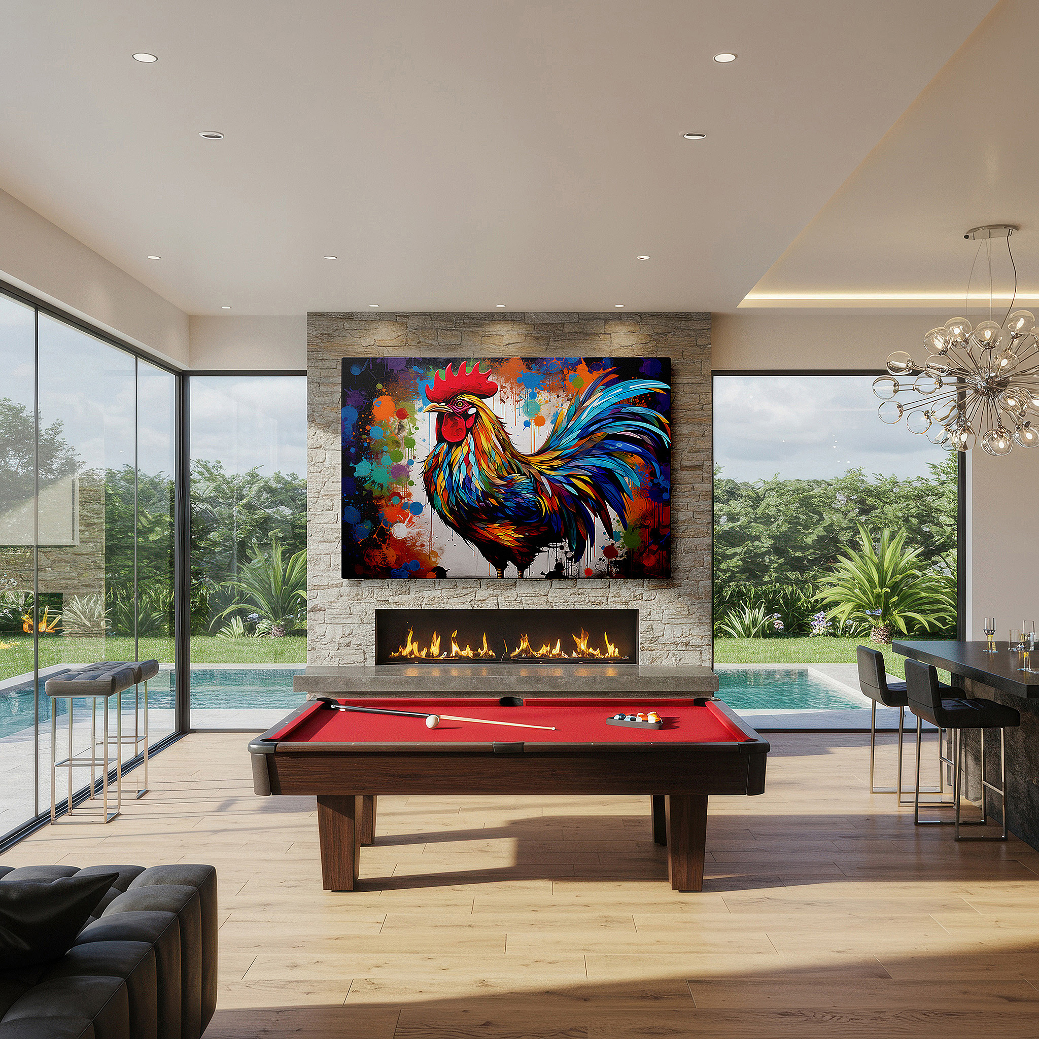 Presented on a clean white gallery wall with ample space — vibrant rooster portrait representing new beginnings and dawn - large canvas wall art for office, bedroom, and living room decor