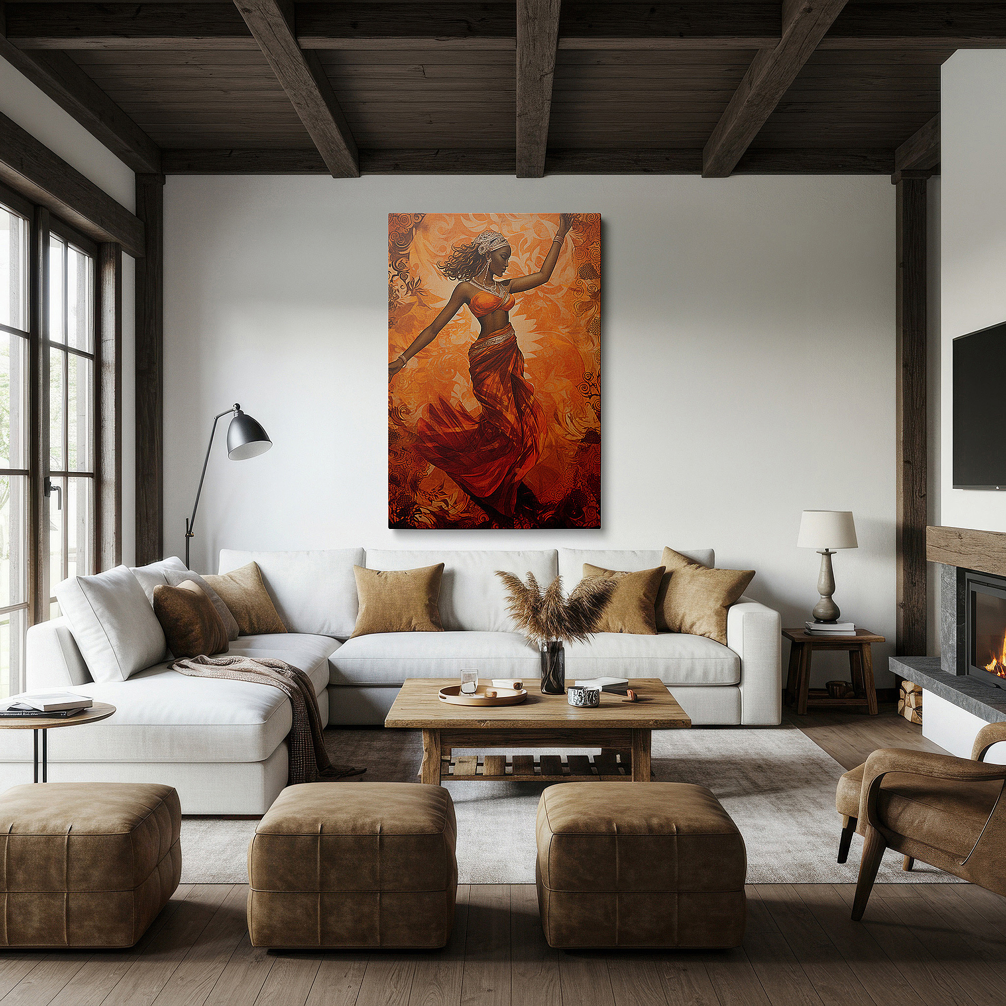 Presented on a clean white gallery wall with ample space — wall art: celebrating cultural identity with a graceful dance of tradition in vibrant orange - large canvas wall art for office and bedroom decor