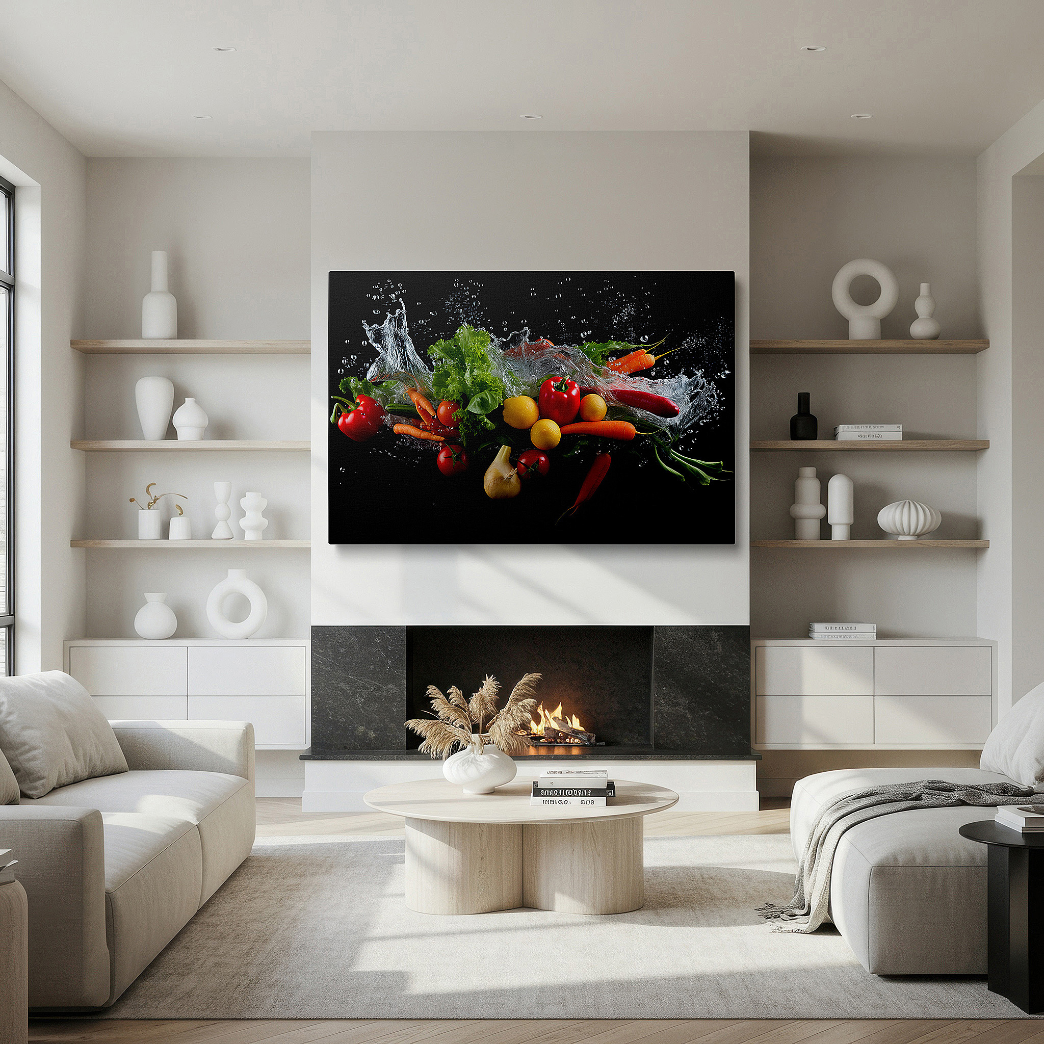 Presented on a clean white gallery wall with ample space — wall art: celebrating freshness with vibrant vegetables and sparkling water droplets - large canvas wall art for office and bedroom decor