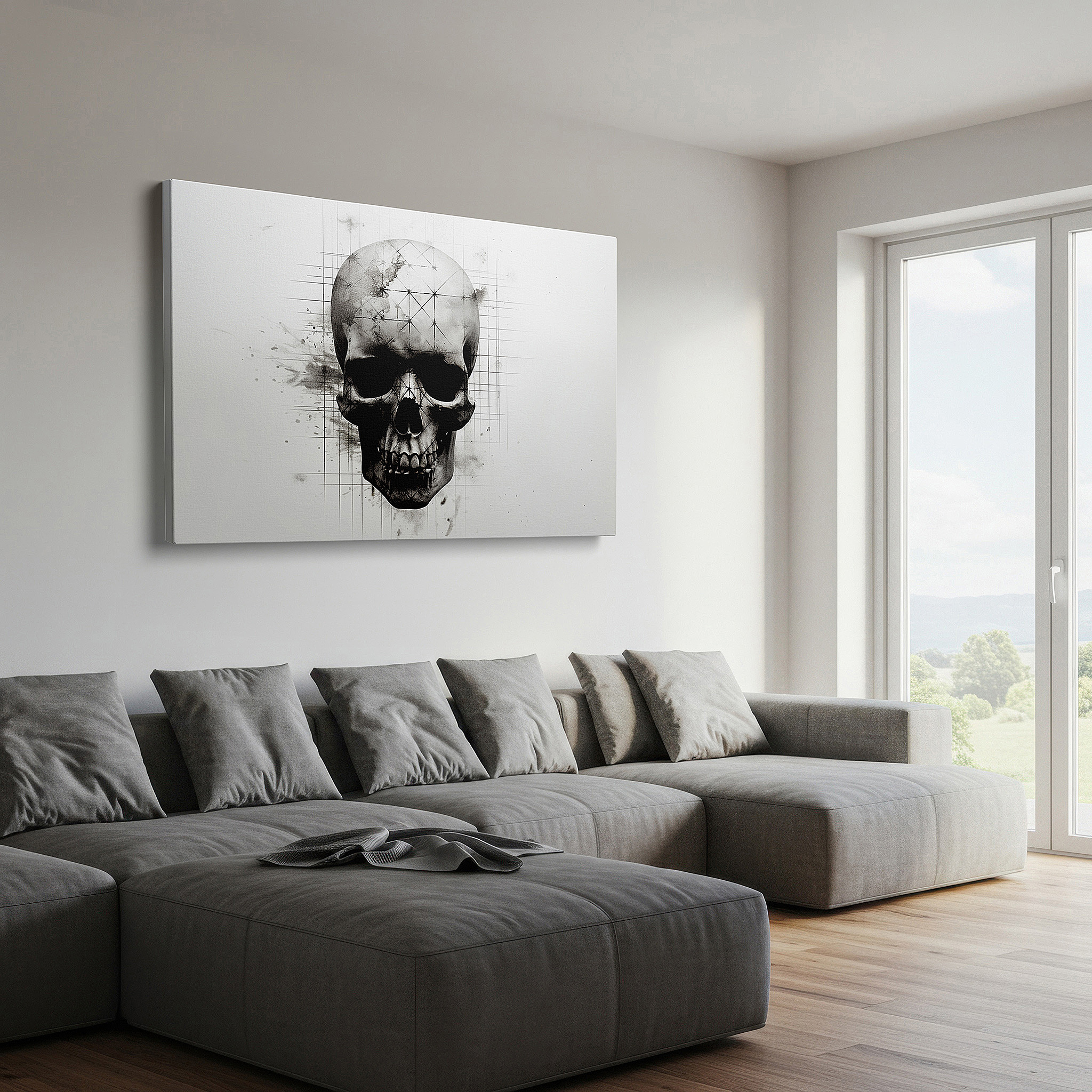 Presented on a clean white gallery wall with ample space — wall art: explore the essence of existence with a geometric skull design - large canvas art for home and office decor, ideal for living rooms and bedrooms