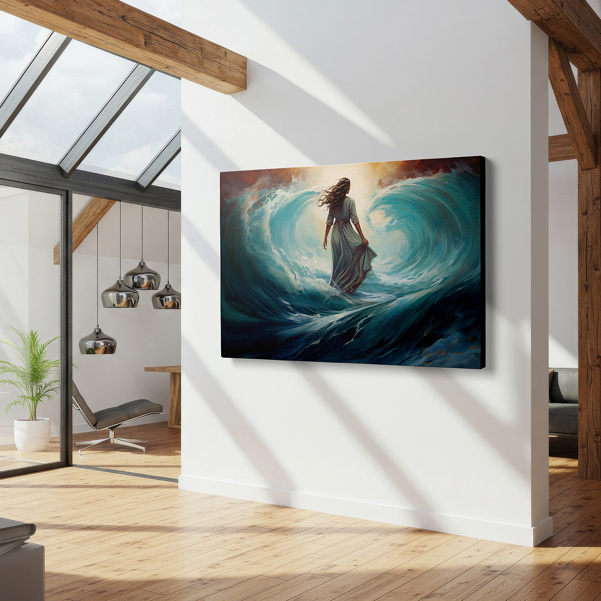 Presented on a clean white gallery wall with ample space — wall art: human resilience amidst nature's grandeur - a timeless dance of waves and will. large canvas wall art for office and bedroom decor