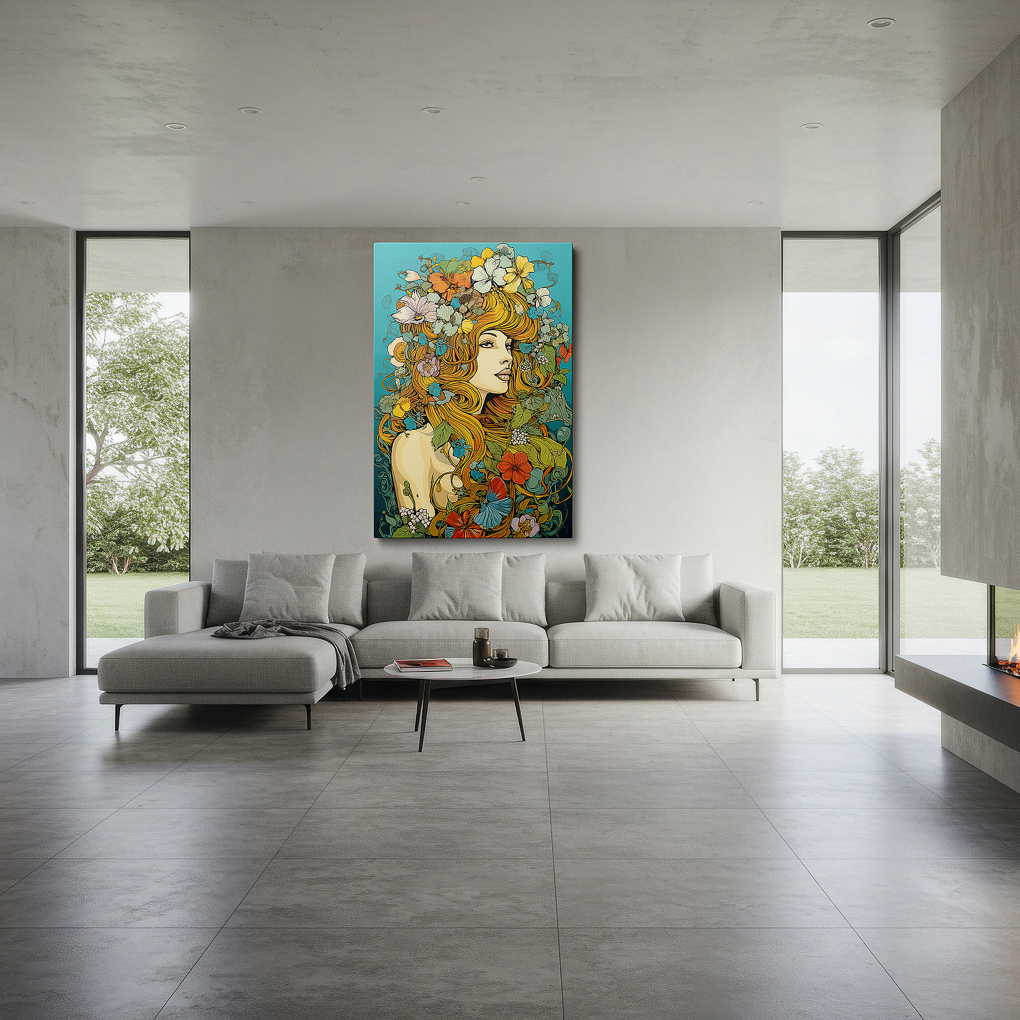 Presented on a clean white gallery wall with ample space — wall art: a lush floral portrait blending femininity with nature - large canvas wall art for office and bedroom decor
