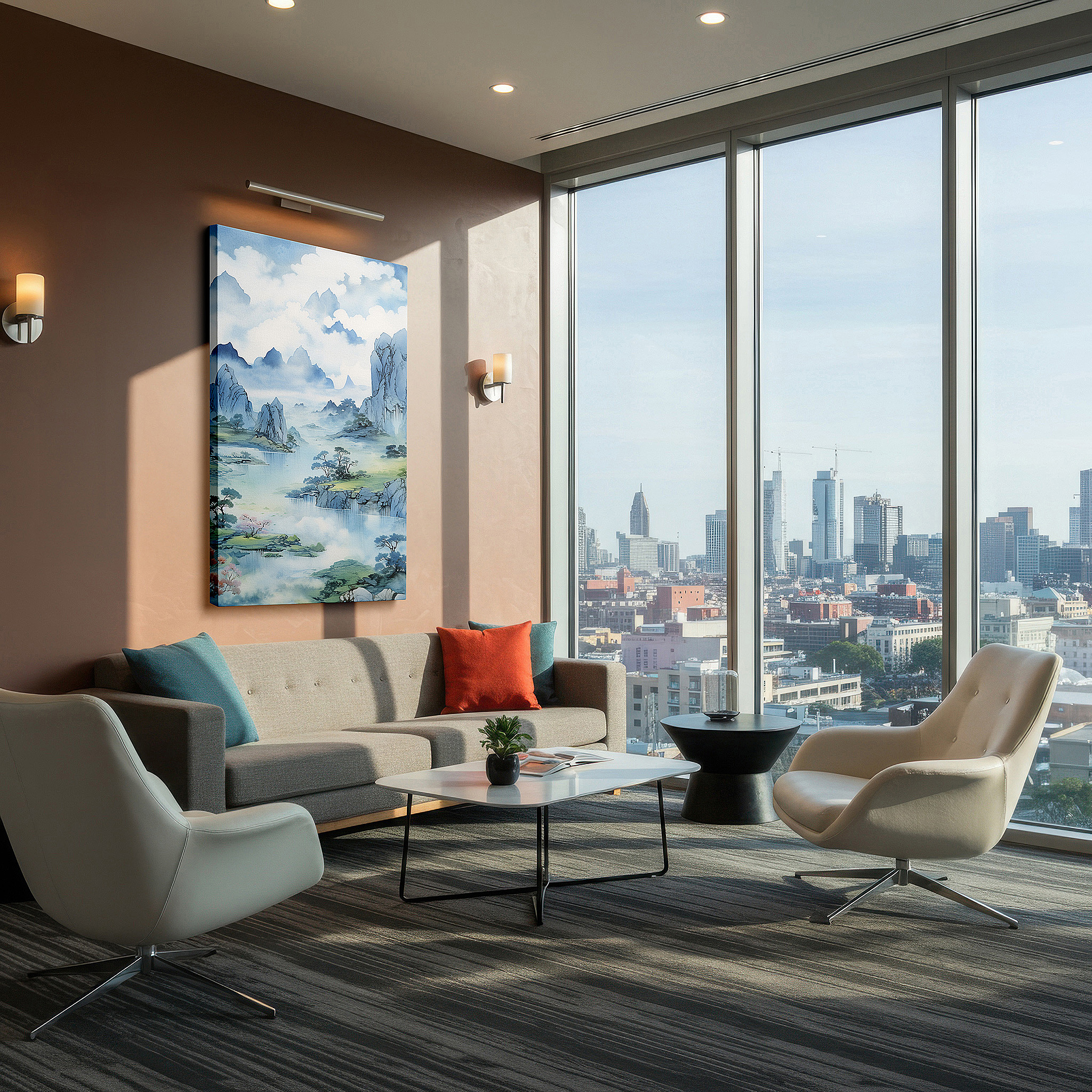 Presented on a clean white gallery wall with ample space — wall art: majestic peaks and serene streams in misty tones - a sanctuary of calm. large canvas wall art for office and bedroom decor.