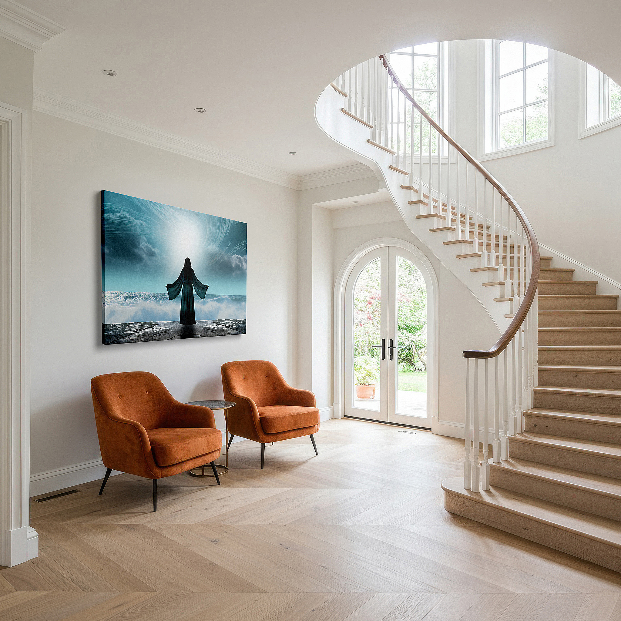 Presented on a clean white gallery wall with ample space — wall art: serene seascape with figure on cliff - embrace nature's grandeur and peacefulness. ideal for home or office decor, large canvas wall art.