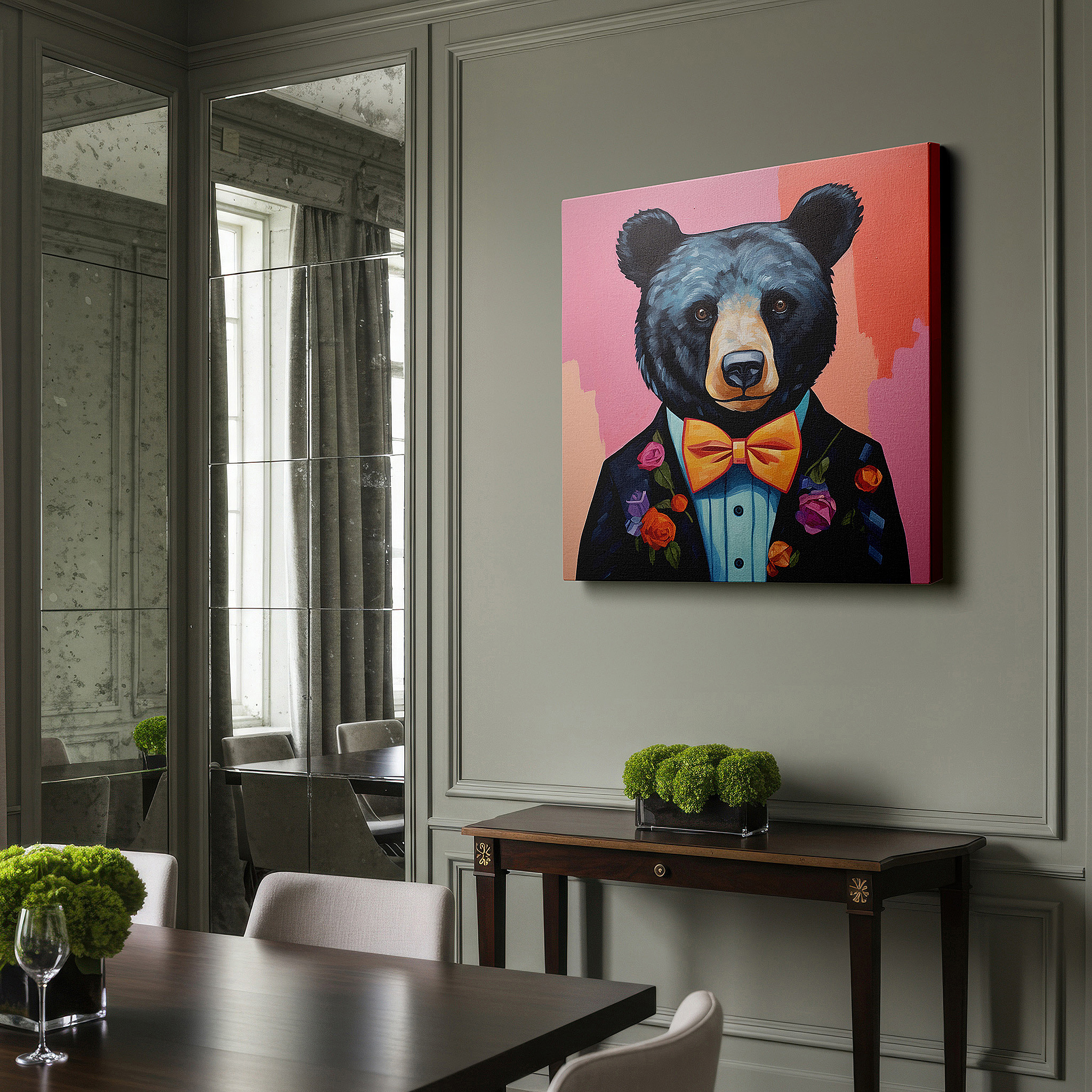 Presented on a clean white gallery wall with ample space — wall art: stylish bear in elegant attire with floral designs - perfect for home and office decor, available as large canvas wall art for bedrooms and other spaces.