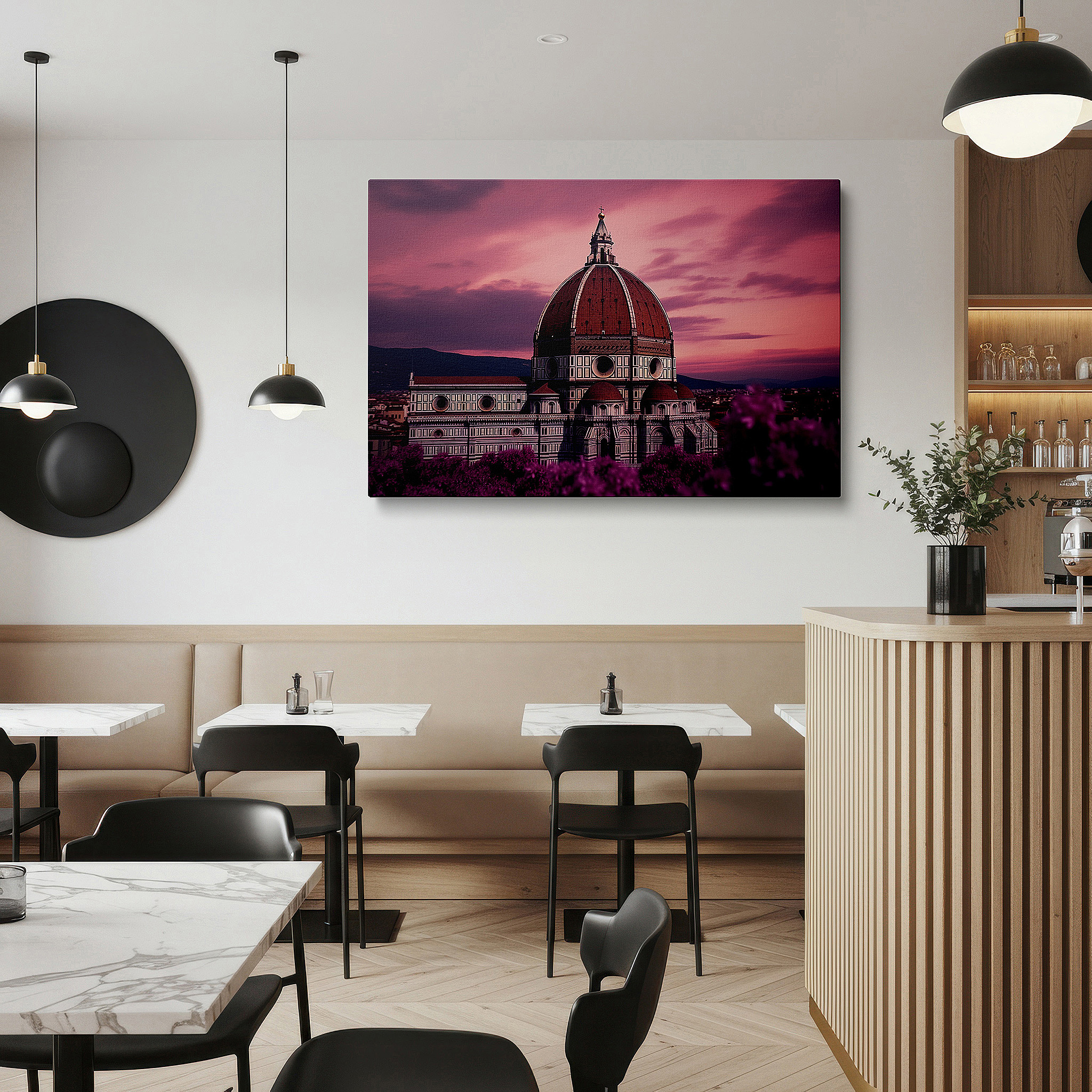 Presented on a clean white gallery wall with ample space — wall art: twilight majesty of florence duomo - experience the radiant spectrum and historical grandeur with large canvas wall art for home and office decor