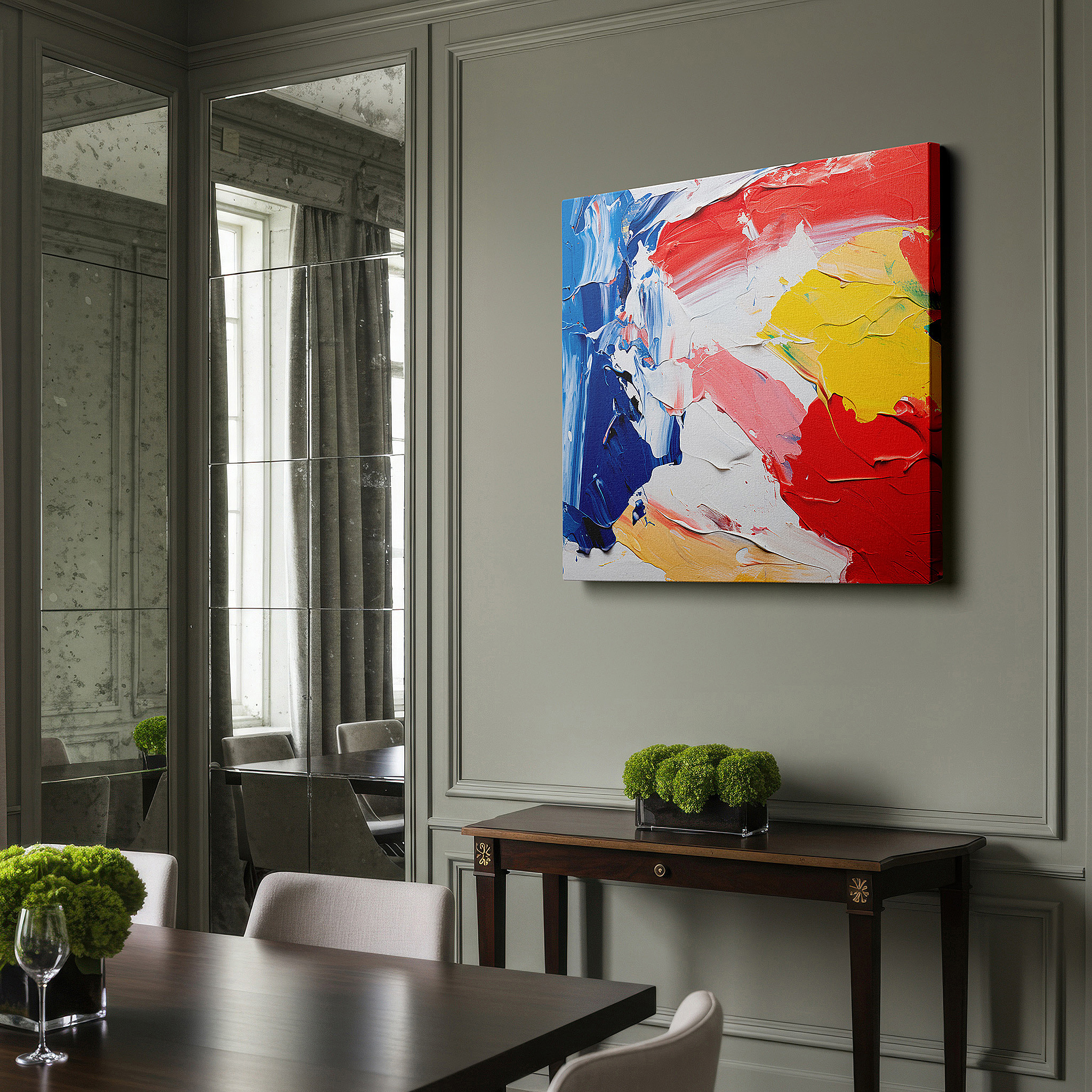 Presented on a clean white gallery wall with ample space — wall art: a vivid emotional spectrum. bold, textured strokes of red, blue, yellow, and white sweep across the canvas. large wall art, canvas wall art, wall art decor.