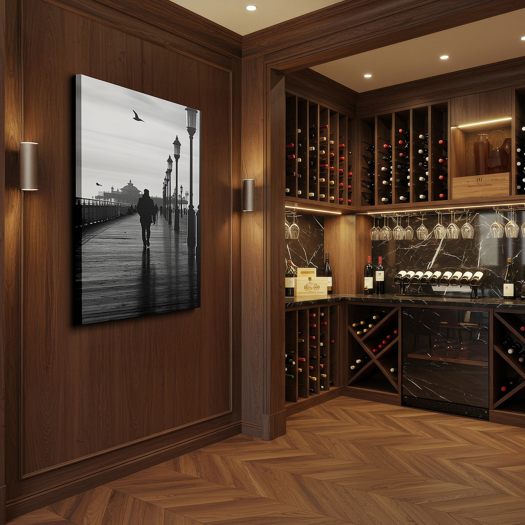 Presented on a clean white gallery wall with ample space — wall decor: a lone figure on an ageless pier, old-fashioned lanterns light the way to reflection - large canvas art for home and office