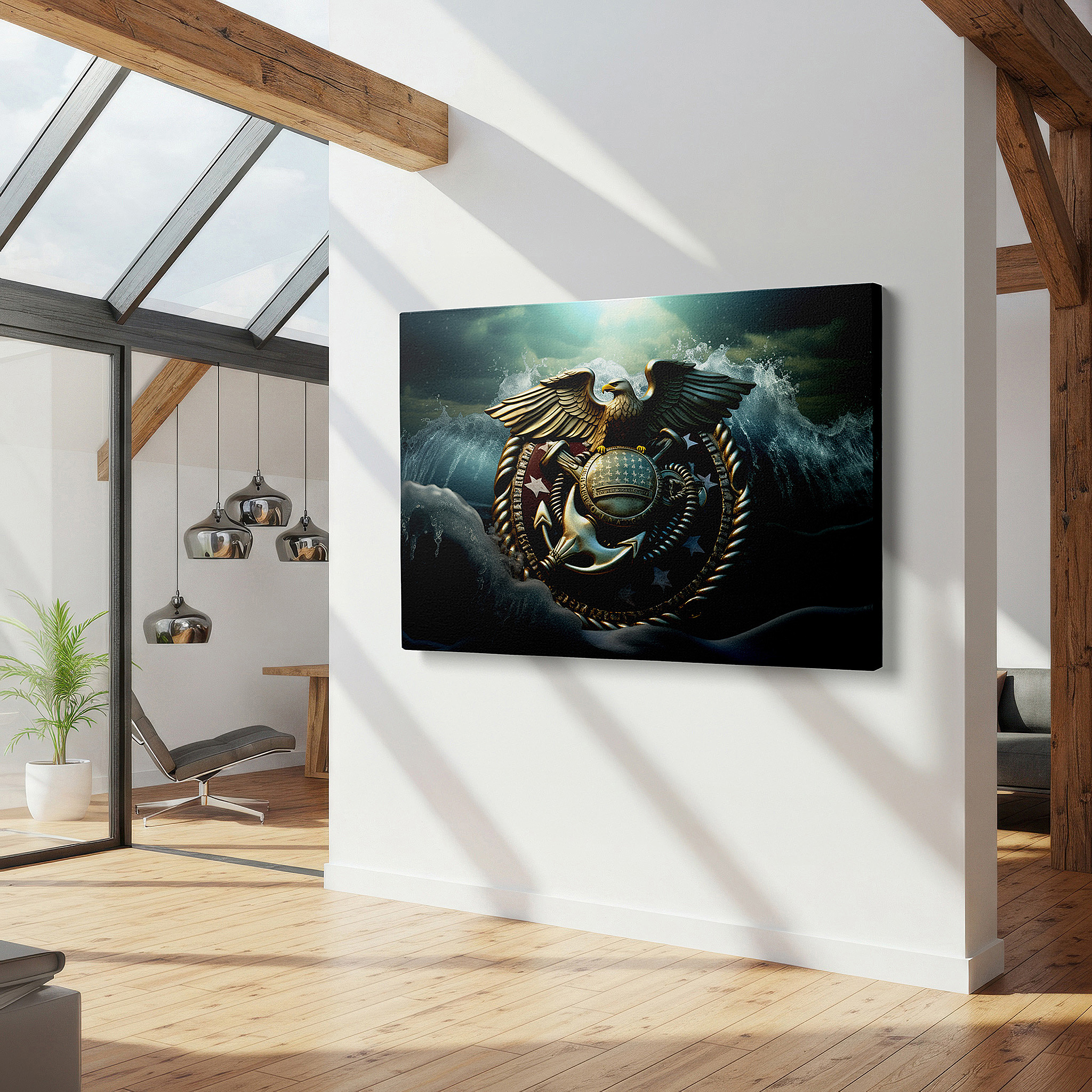 Presented on a clean white gallery wall with ample space — wall decor: majestic eagle on weathered anchor, emblematic of maritime power and national pride - large canvas art for office walls