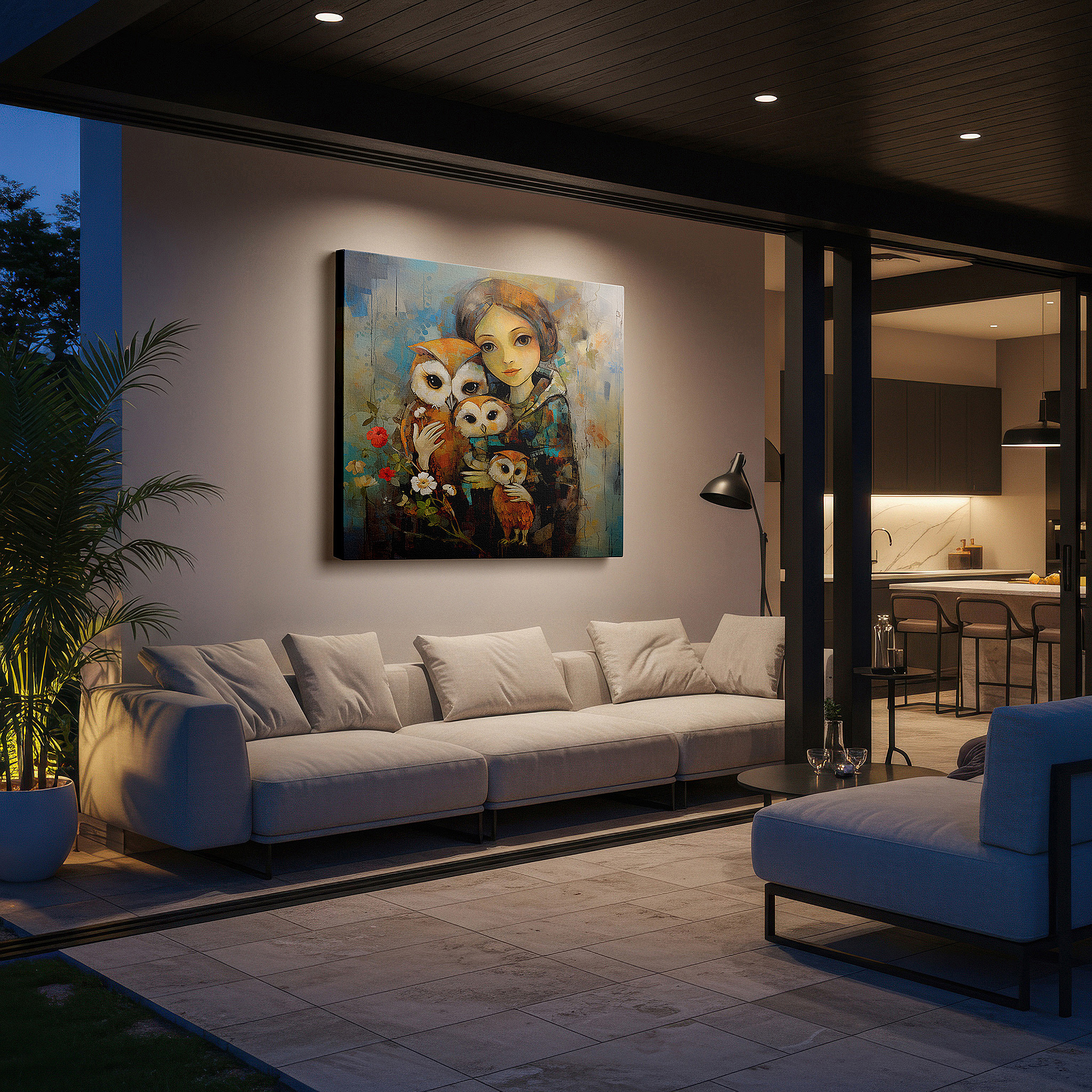 Presented on a clean white gallery wall with ample space — wall decor: serene nature embrace - a girl with owls in a peaceful setting large canvas art, home and office wall decor for bedrooms and living spaces
