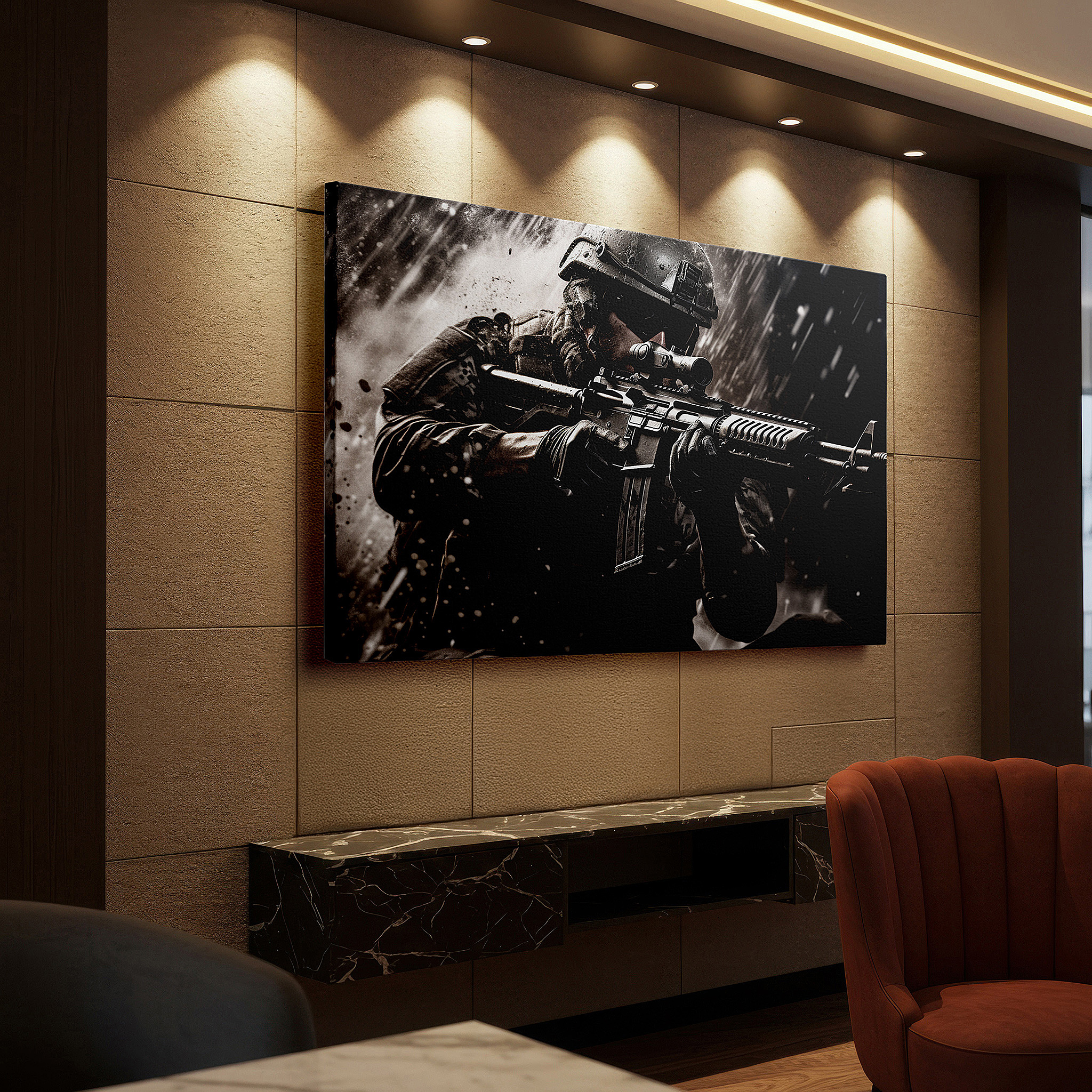 Presented on a clean white gallery wall with ample space — warrior in battle: a striking depiction of war's brutal truths and heroic alertness - large wall art, canvas wall art, wall decor, office wall art