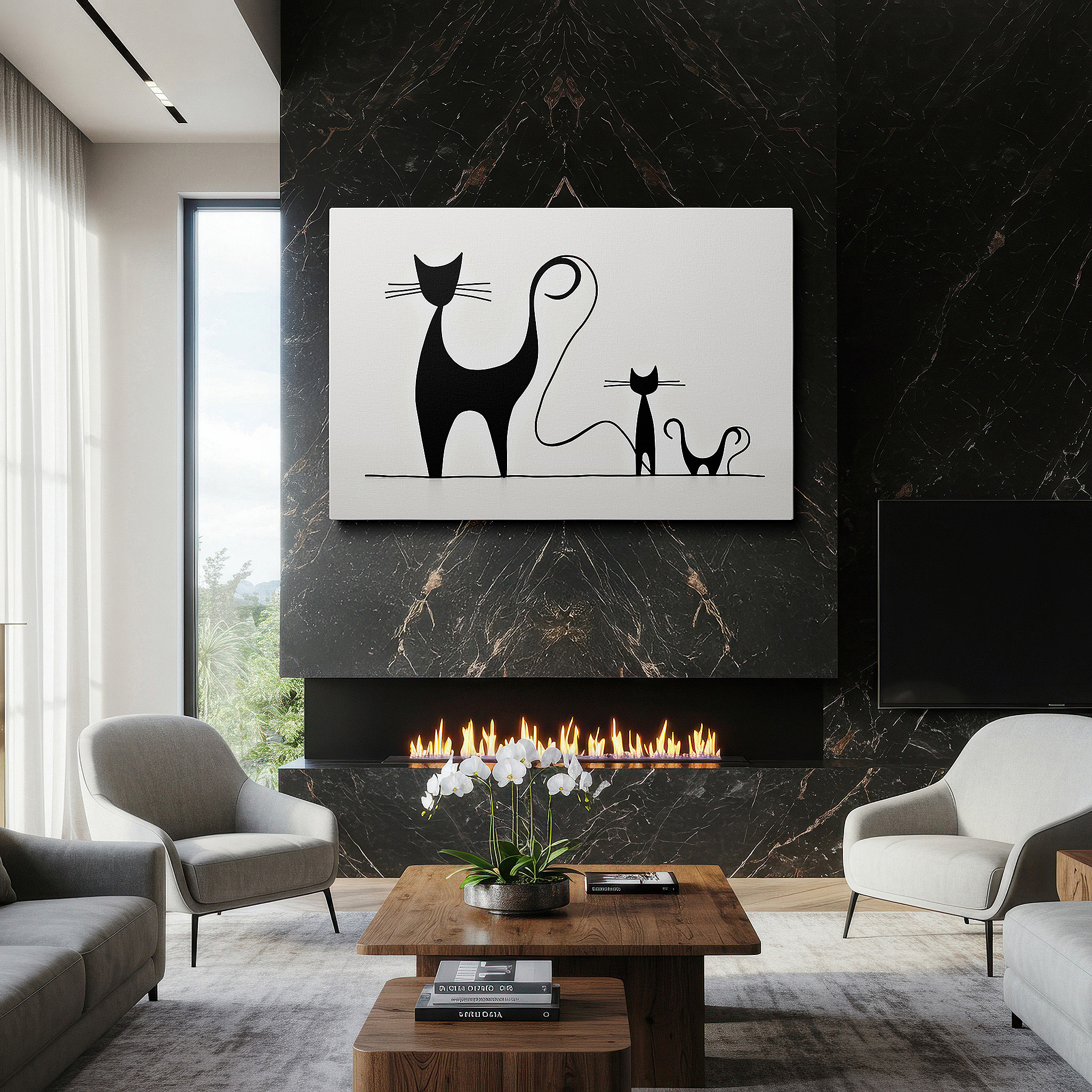 Presented on a clean white gallery wall with ample space — whimsical black cats in minimalist style: tranquil and playful large wall art for office and bedroom decor