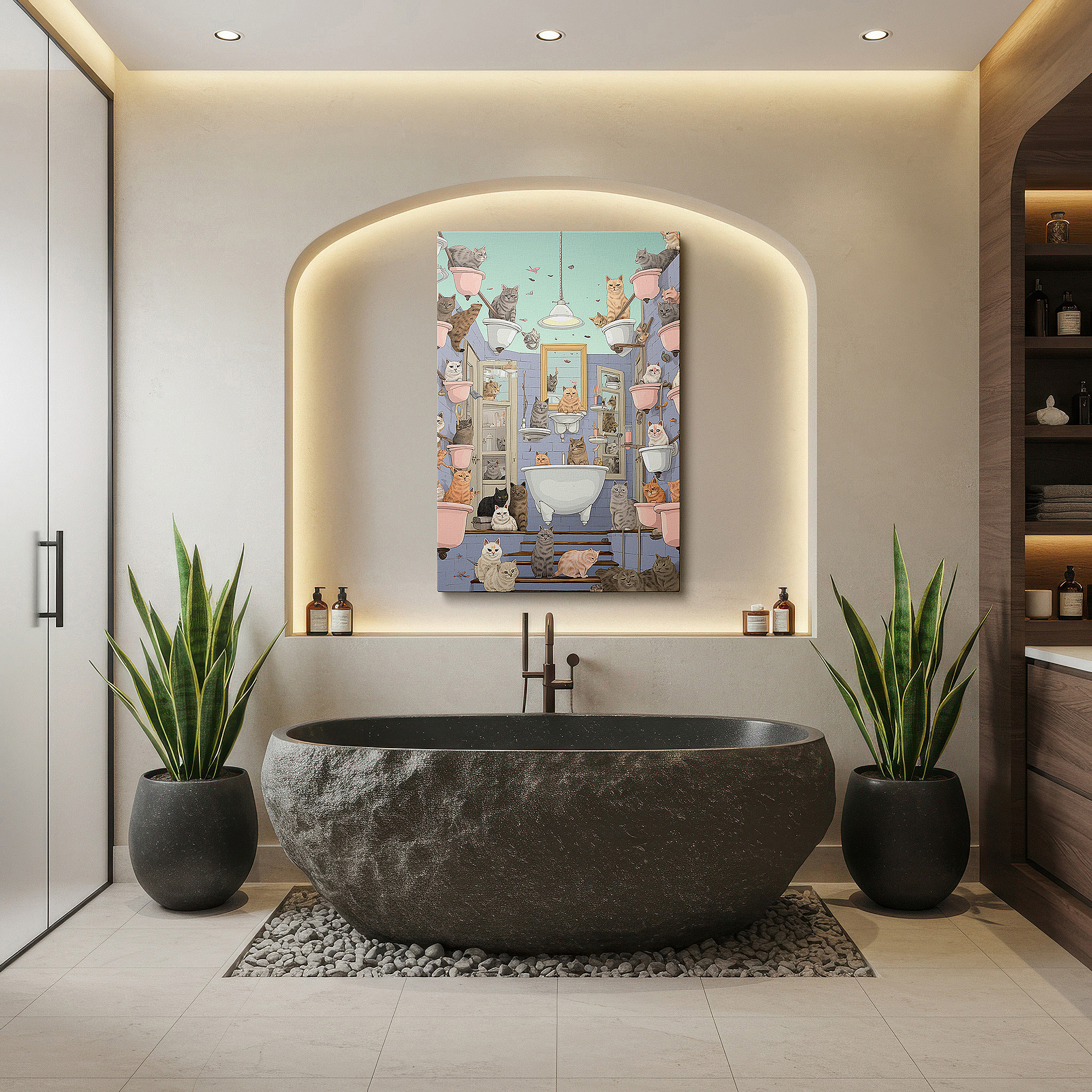 Presented on a clean white gallery wall with ample space — whimsical cats causing mischief in a messy bathroom: lively and playful large wall art, canvas wall art, wall decor for office