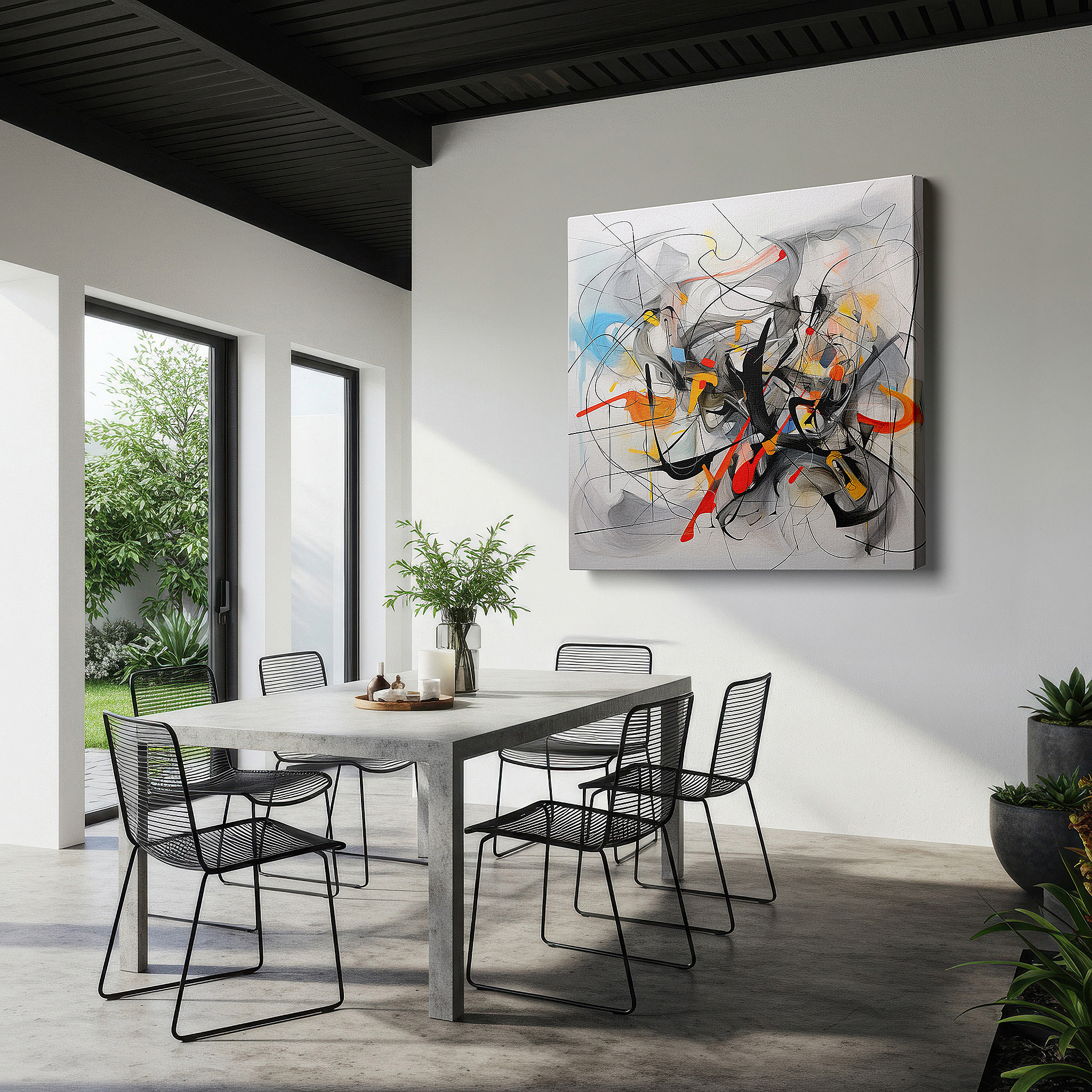 Set in a minimalist interior with textured walls and soft rugs — abstract design symphony: colorful and dynamic large wall art for offices, bedrooms, and living rooms