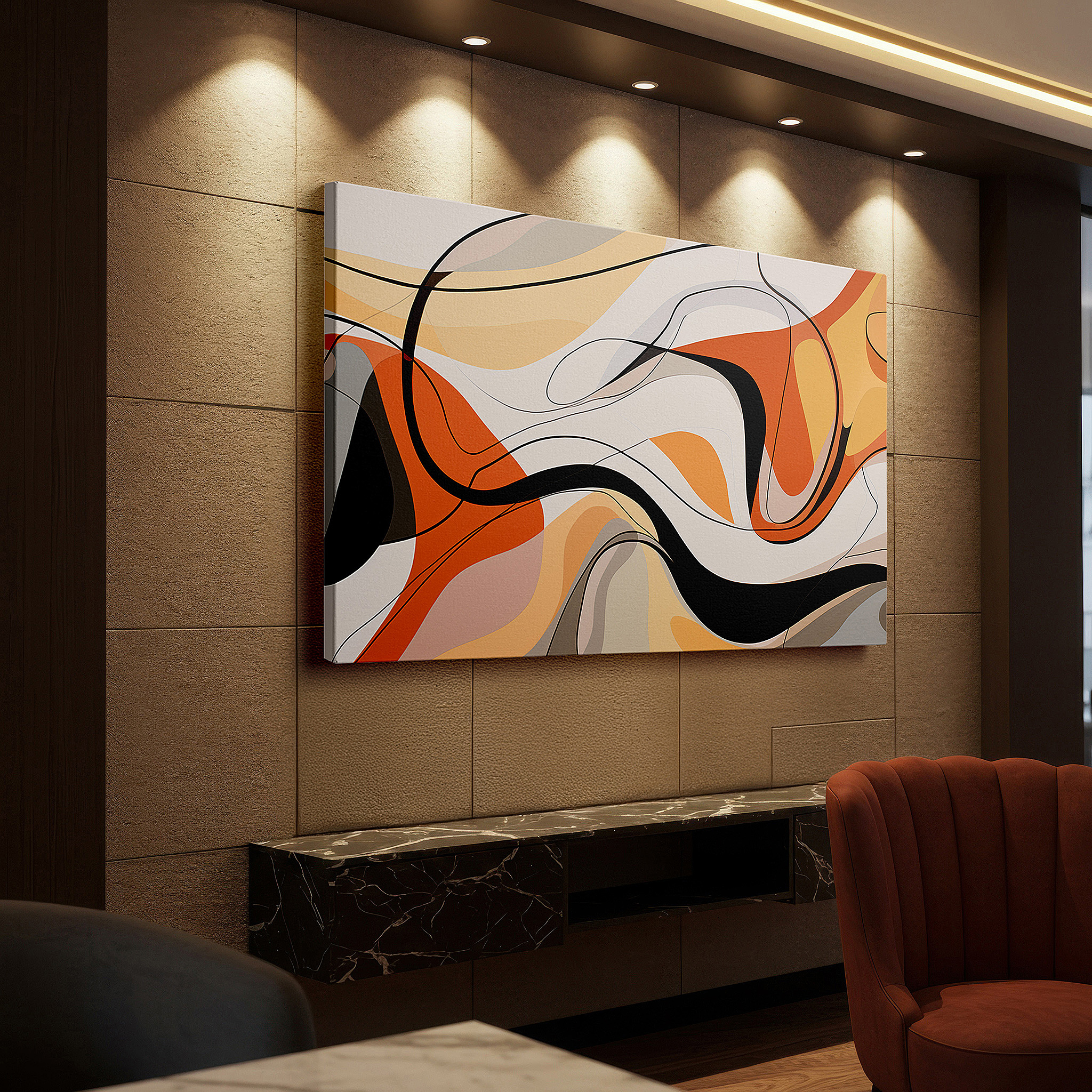 Set in a minimalist interior with textured walls and soft rugs — abstract expression in earthy tones and curved shapes: a visual symphony of nature and emotion - large canvas wall art for office decor