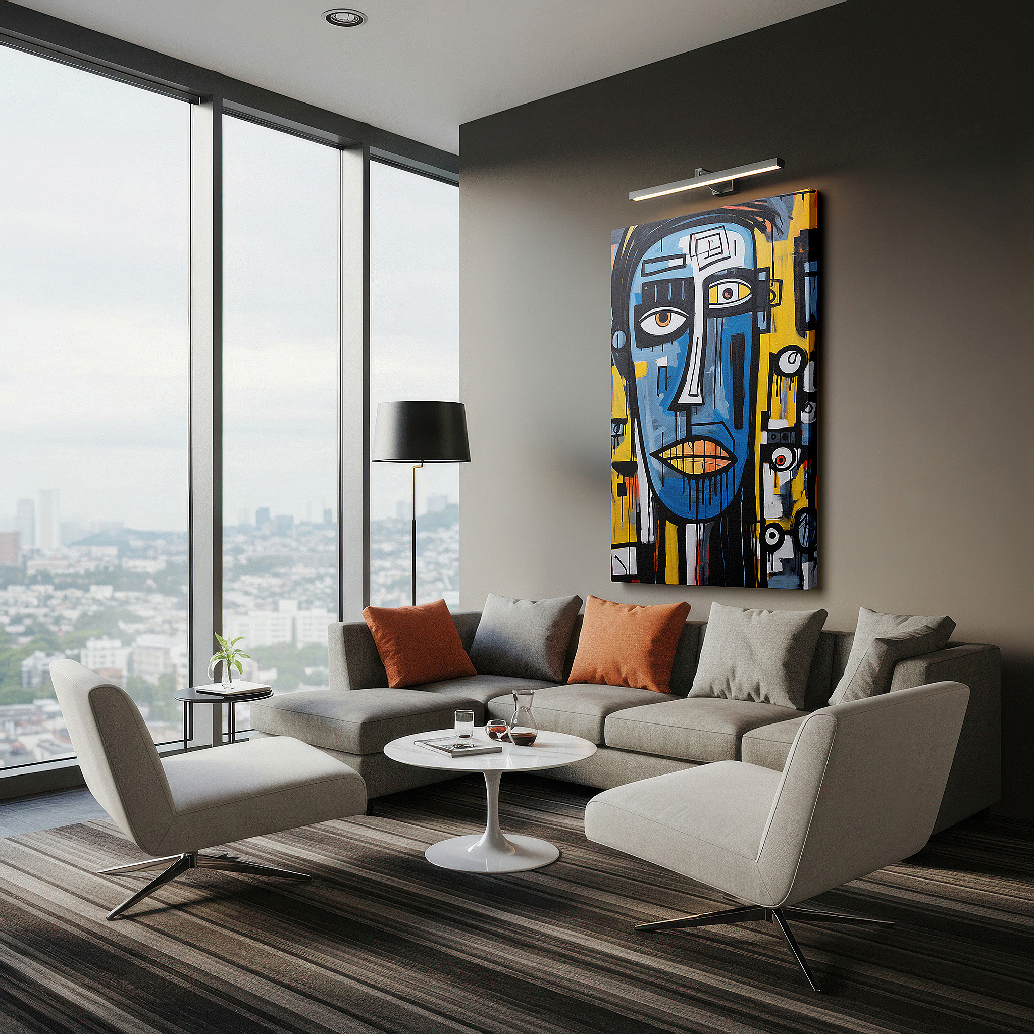 Set in a minimalist interior with textured walls and soft rugs — abstract expressionism: a bold emotional journey through blue and yellow, large canvas wall art