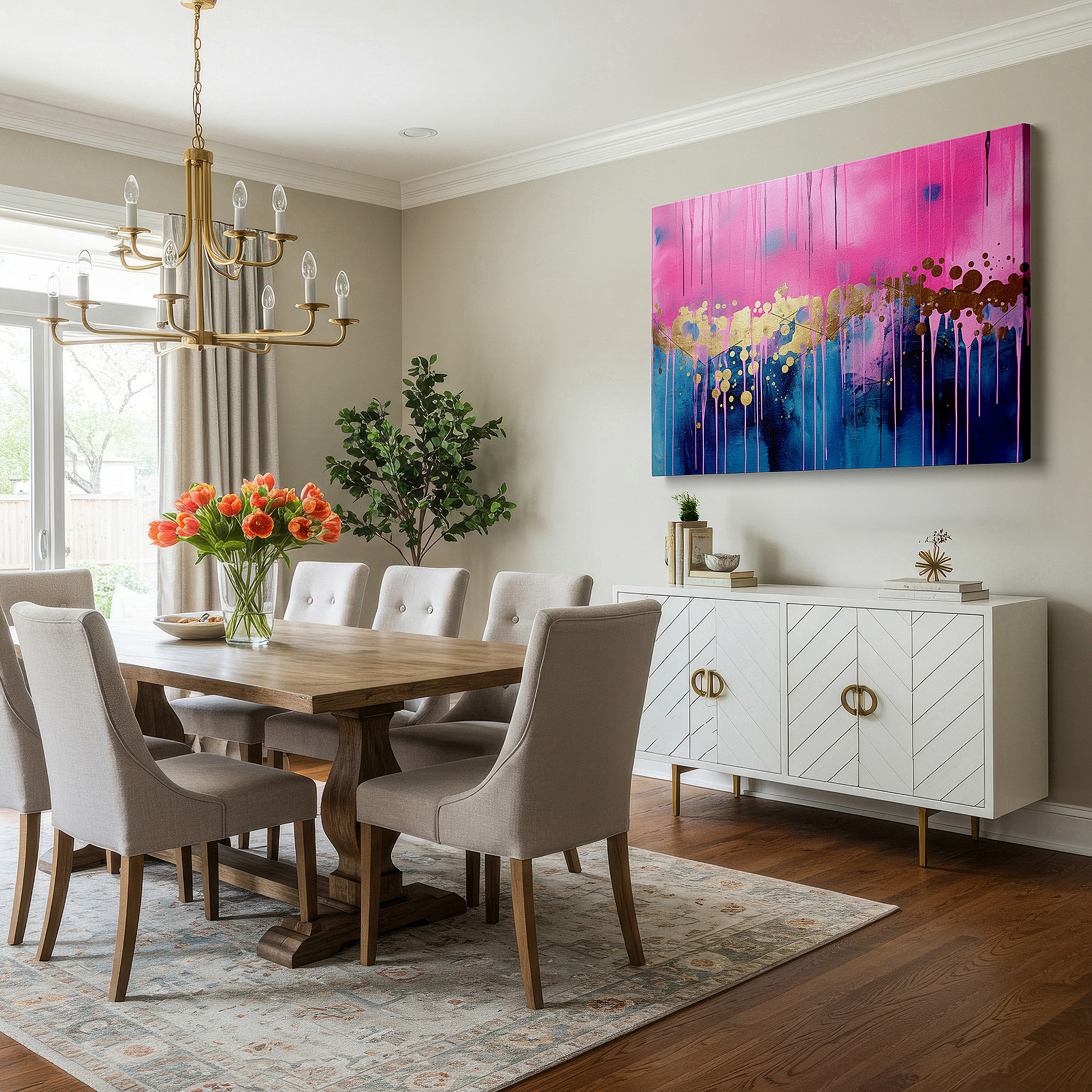Set in a minimalist interior with textured walls and soft rugs — abstract expressionist large wall art featuring dynamic harmony of pink and gold splashes, ideal for office and bedroom decor