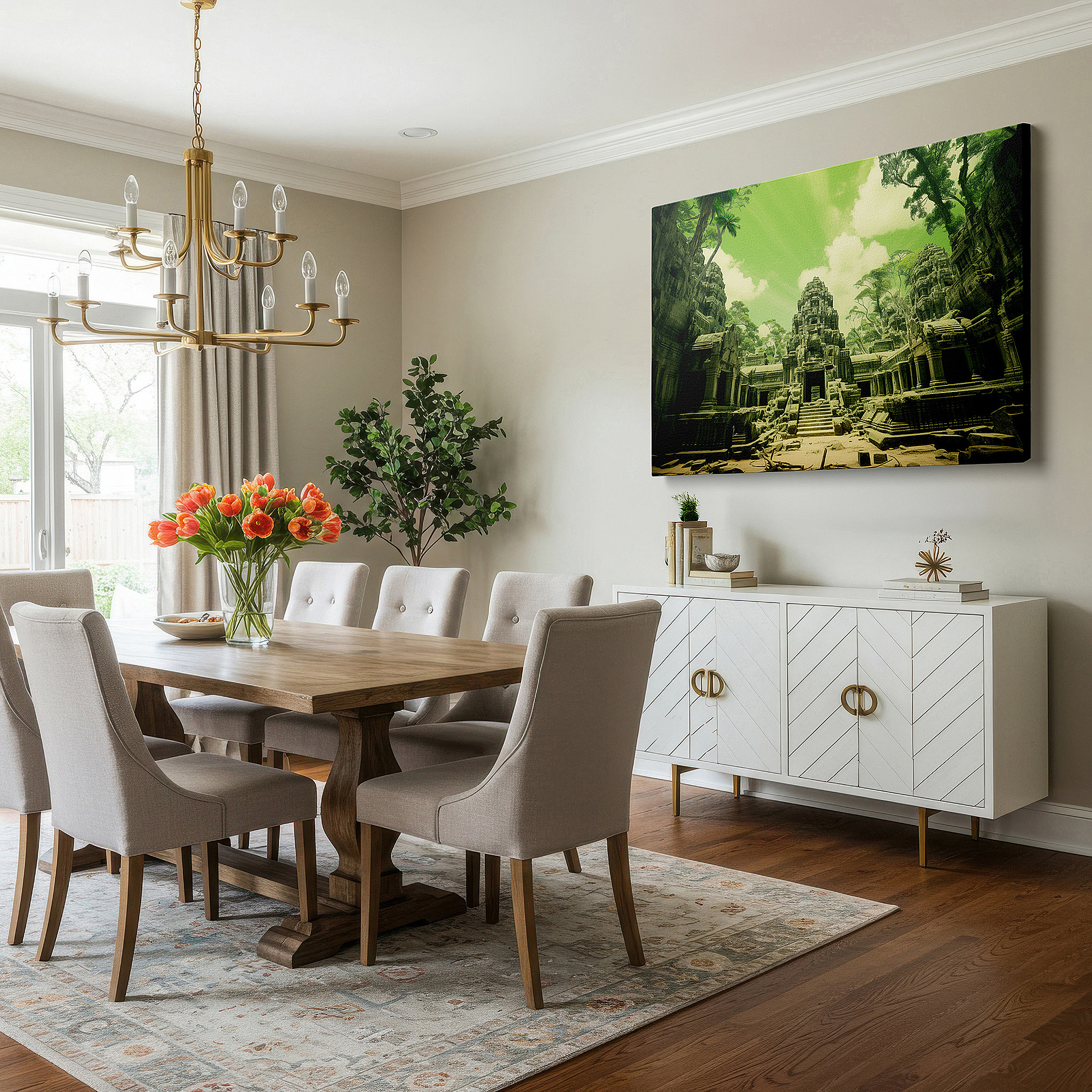 Set in a minimalist interior with textured walls and soft rugs — ancient ruins surrounded by dense jungle: a tribute to time and the resilience of nature - large canvas wall art for office decor