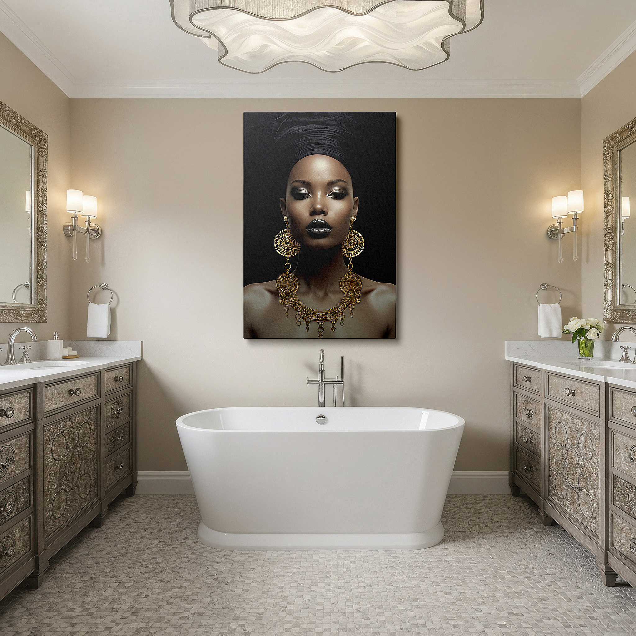 Set in a minimalist interior with textured walls and soft rugs — black and gold modern elegance: celebrating femininity and empowerment - large canvas wall art for office decor