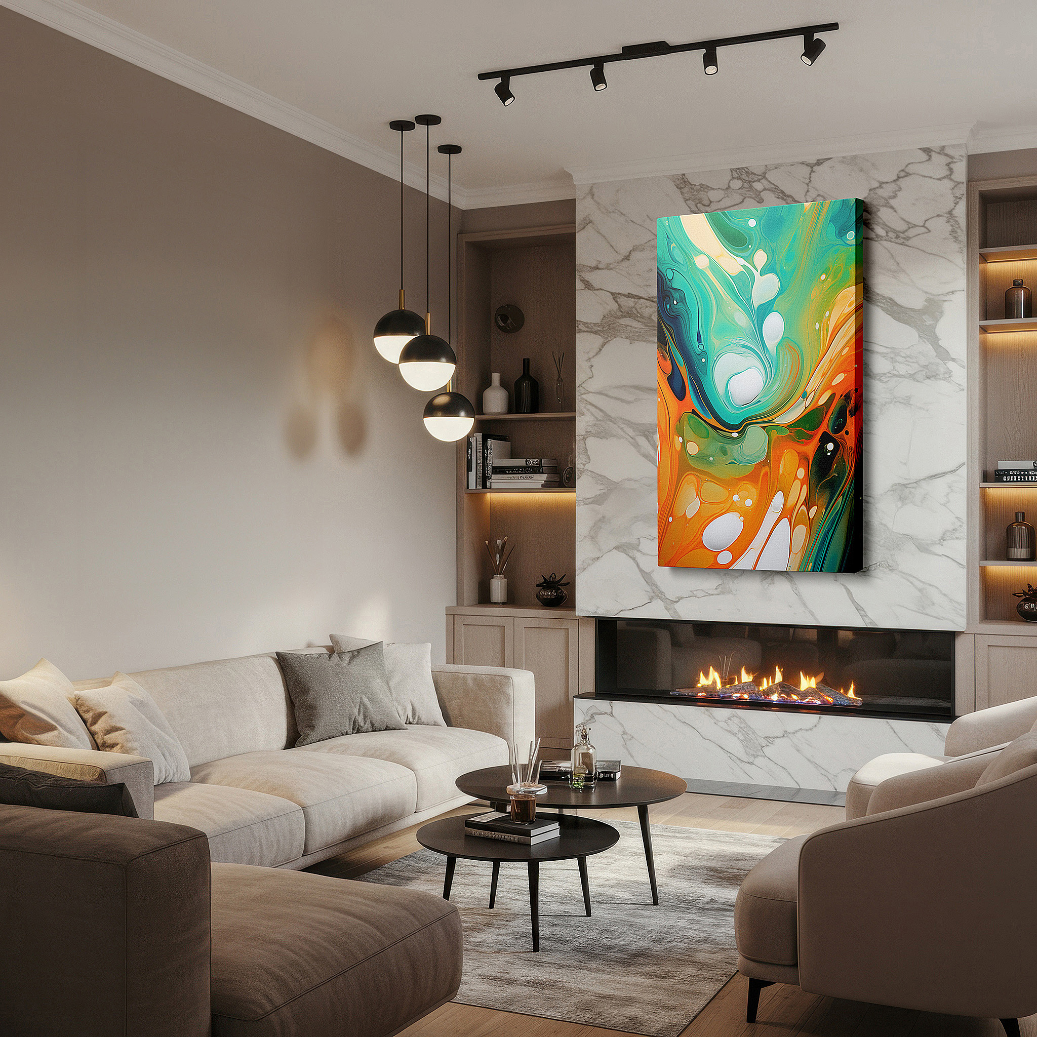 Set in a minimalist interior with textured walls and soft rugs — blue and orange swirls dance - dynamic abstract expression of motion and emotion, large canvas wall art for office decor