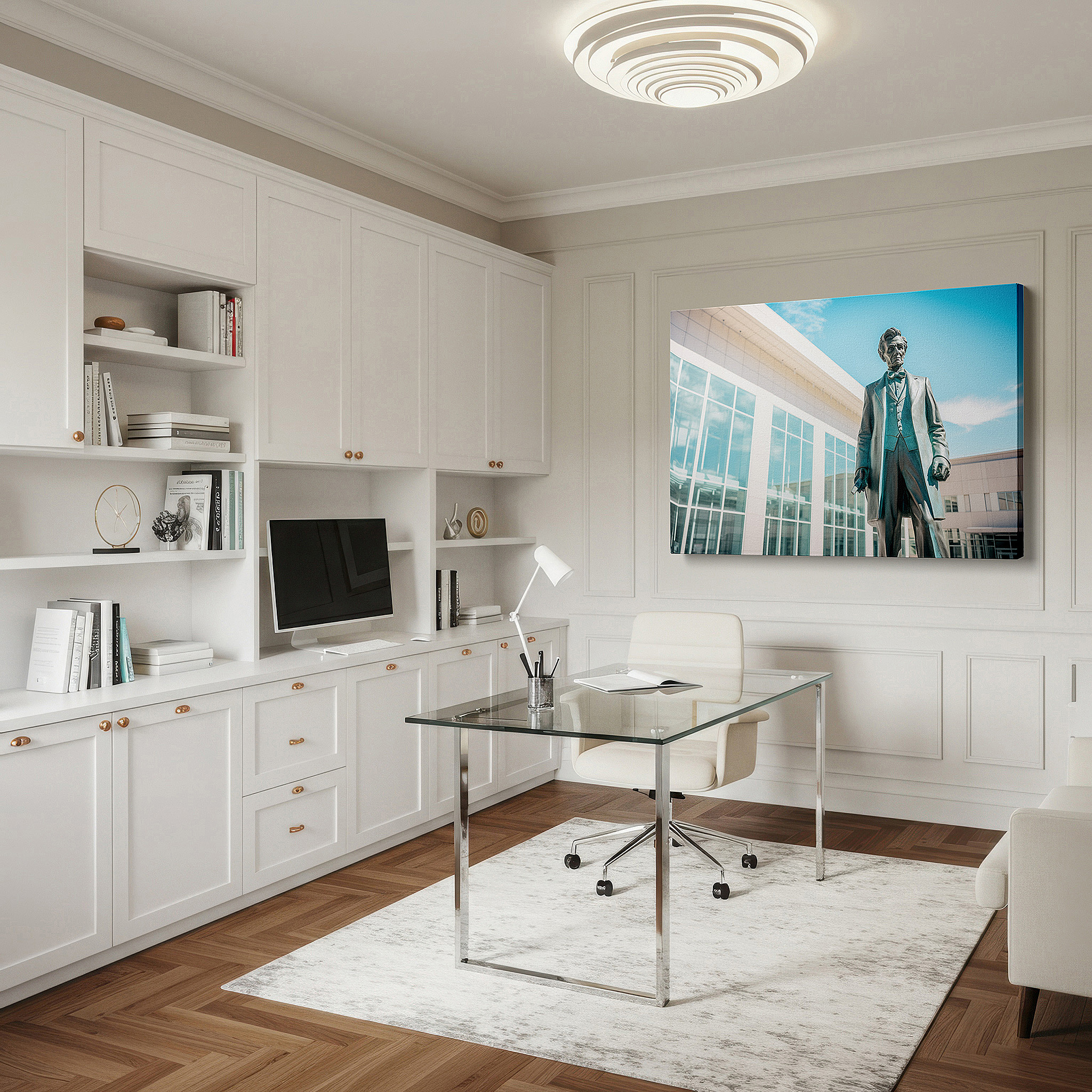 Set in a minimalist interior with textured walls and soft rugs — bronze statue and modern architecture: a timeless conversation - large canvas wall art for office, bedroom, and living room decor