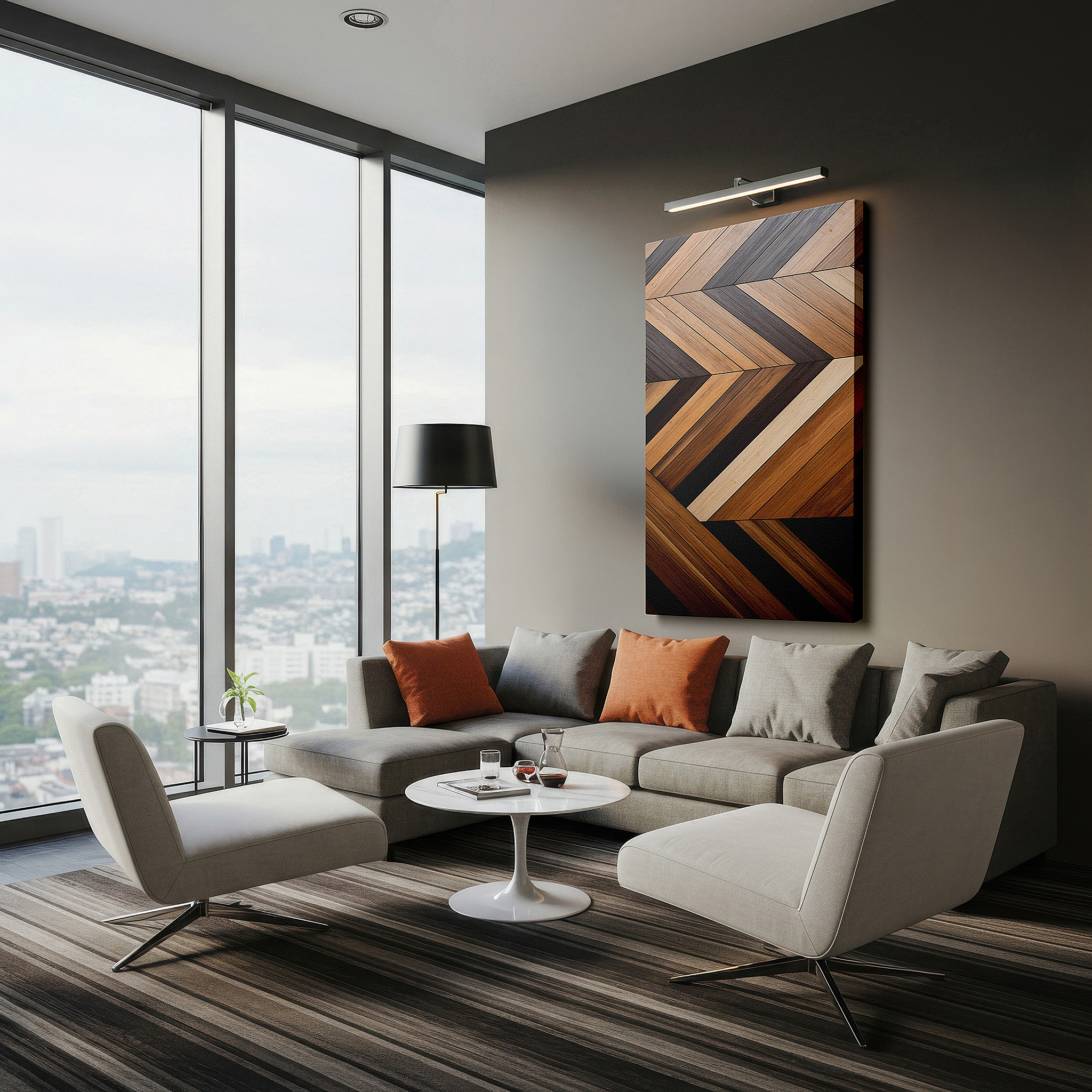 Set in a minimalist interior with textured walls and soft rugs — chevron mastery in natural wood tones: a captivating blend of rich browns and creamy beiges - large wall art, canvas wall art, wall decor for office