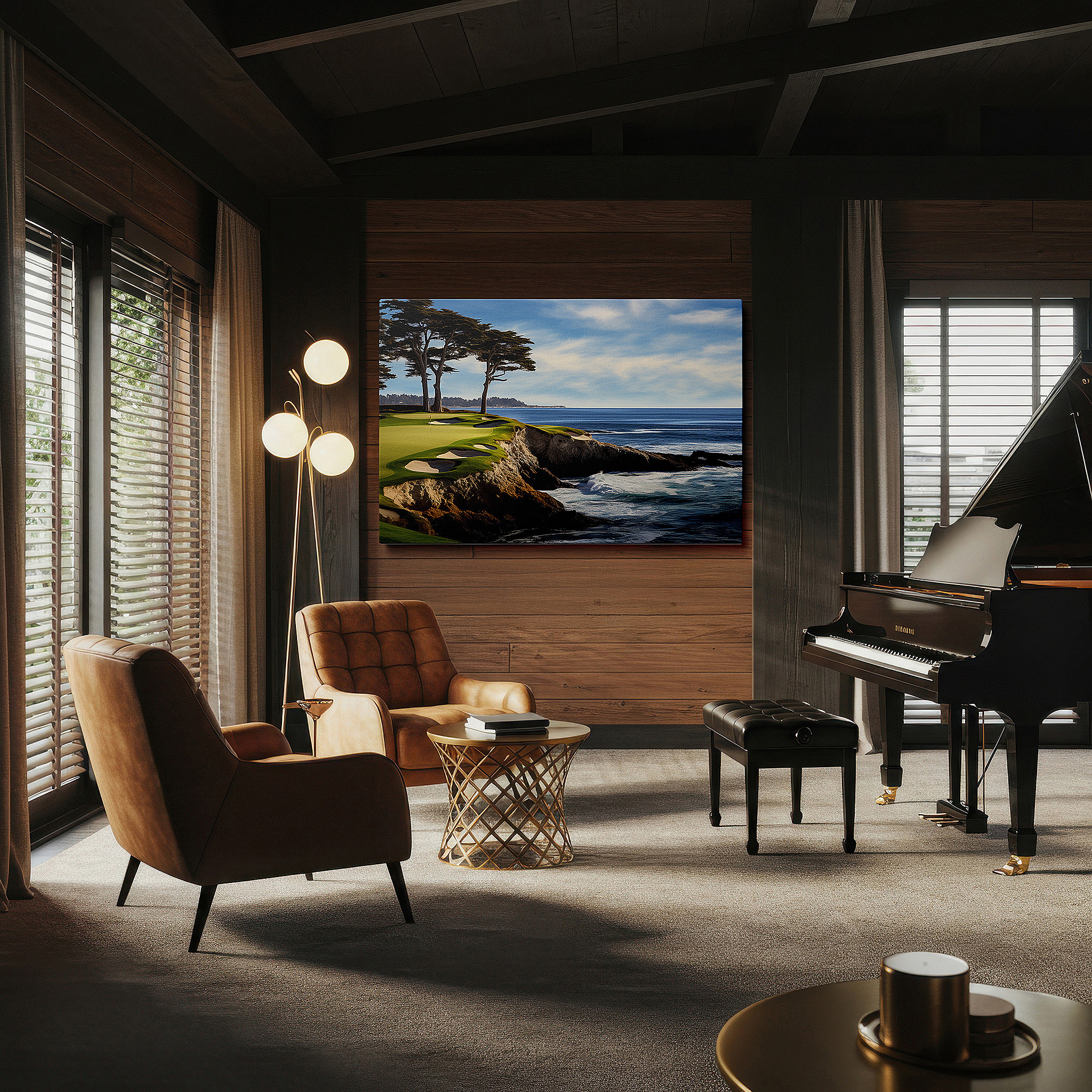 Set in a minimalist interior with textured walls and soft rugs — coastal golf course wall art: elegant cliffs and sparkling seas - large canvas for home and office decor, perfect for living room and bedroom