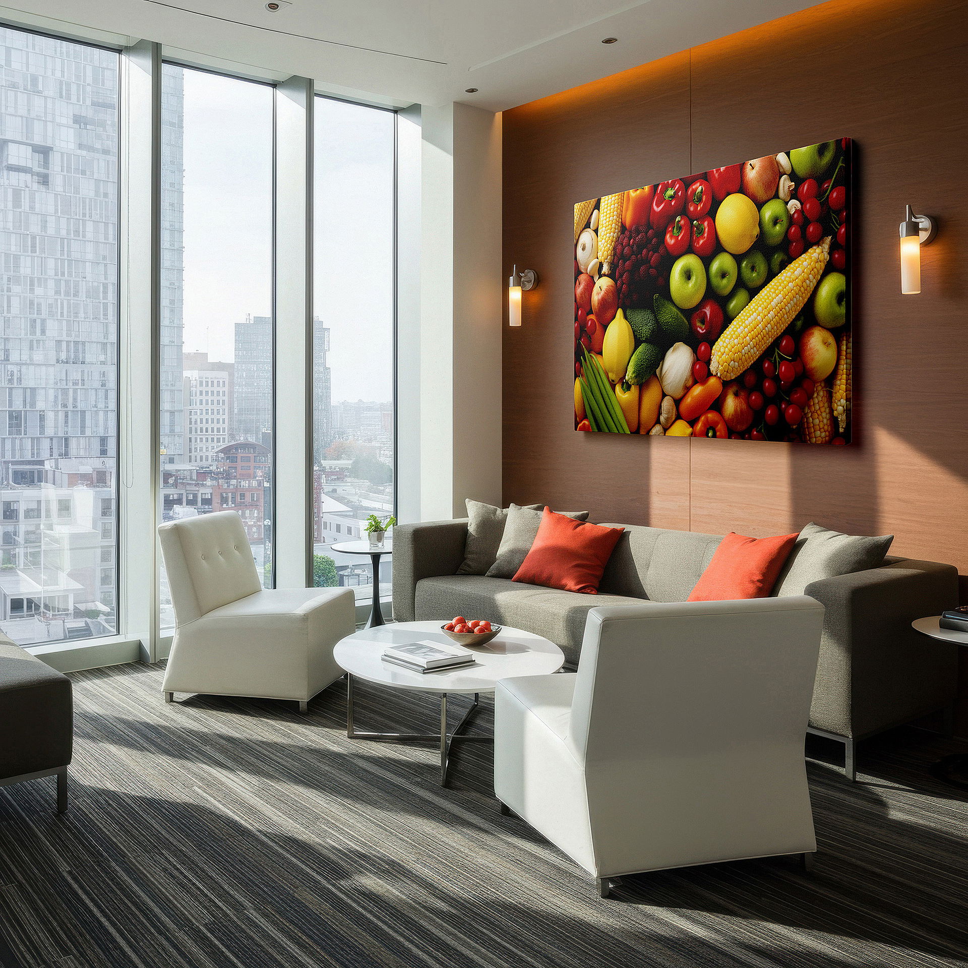 Set in a minimalist interior with textured walls and soft rugs — a colorful celebration of nature featuring corn, peppers, and apples - large wall art, canvas wall art, wall decor for office and bedroom