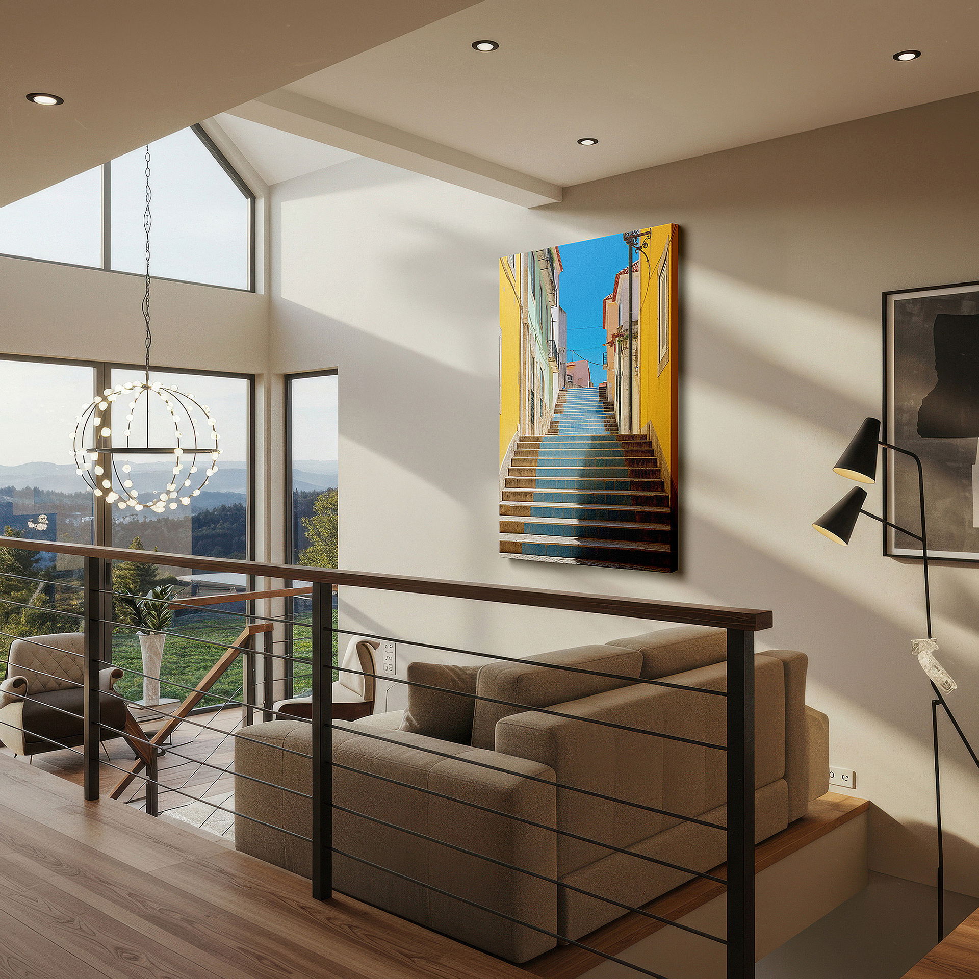 Set in a minimalist interior with textured walls and soft rugs — colorful stairway in a charming european alley, surrounded by vibrant buildings under a clear blue sky - large wall art, canvas wall art, wall decor for office