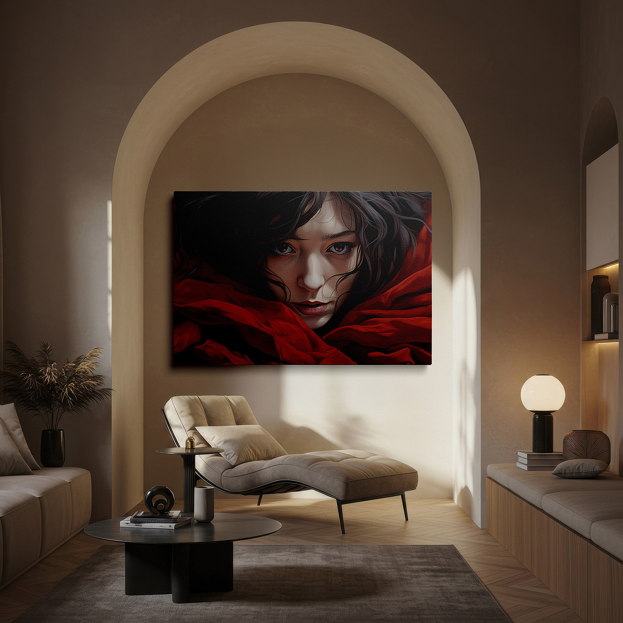Set in a minimalist interior with textured walls and soft rugs — contemplation in red: a serene portrait draped in luxurious fabric, encouraging profound reflection - large wall art, canvas wall art, wall decor