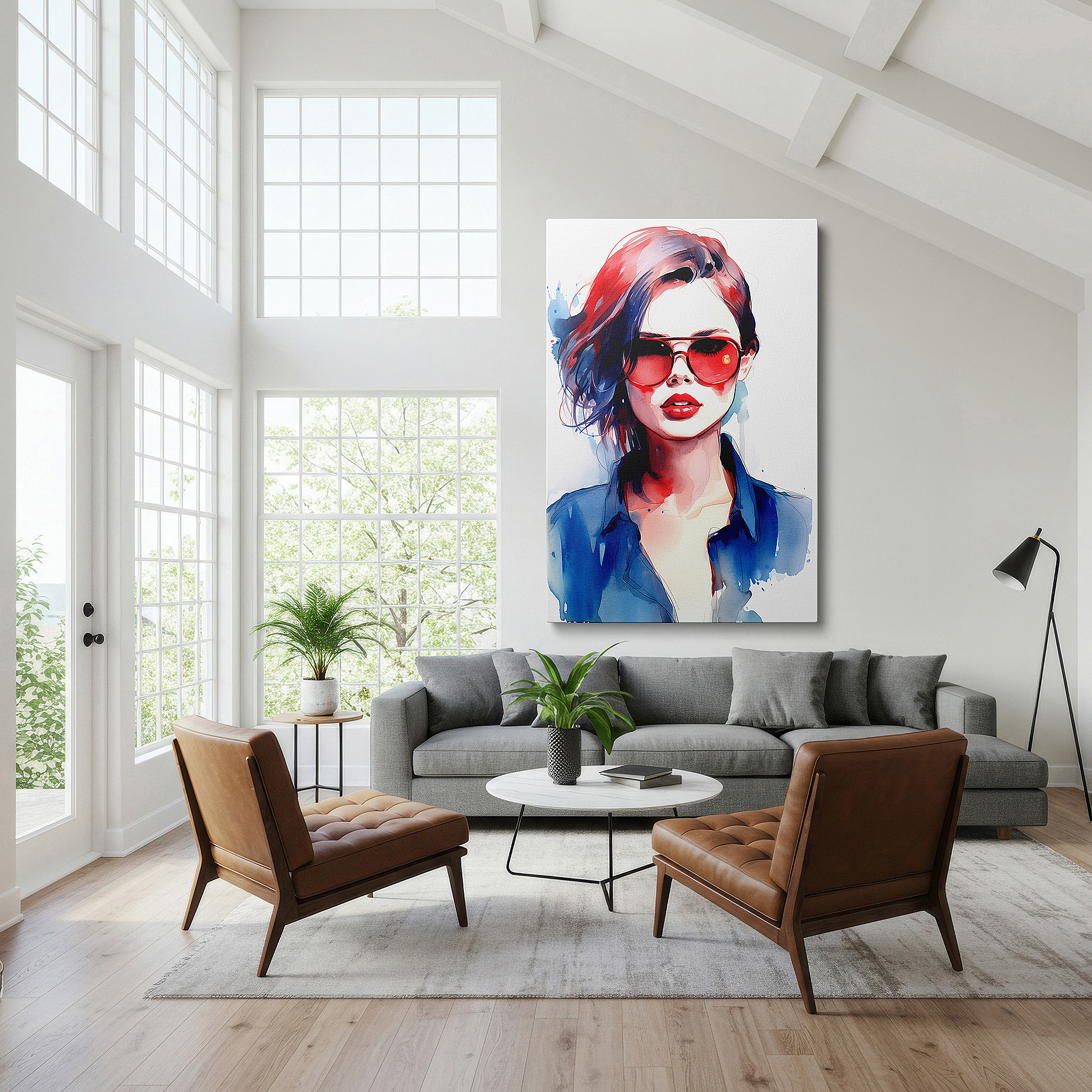 Set in a minimalist interior with textured walls and soft rugs — contemporary elegance meets watercolor art, showcasing a fashionable woman with vibrant red hair and trendy sunglasses, large canvas wall art