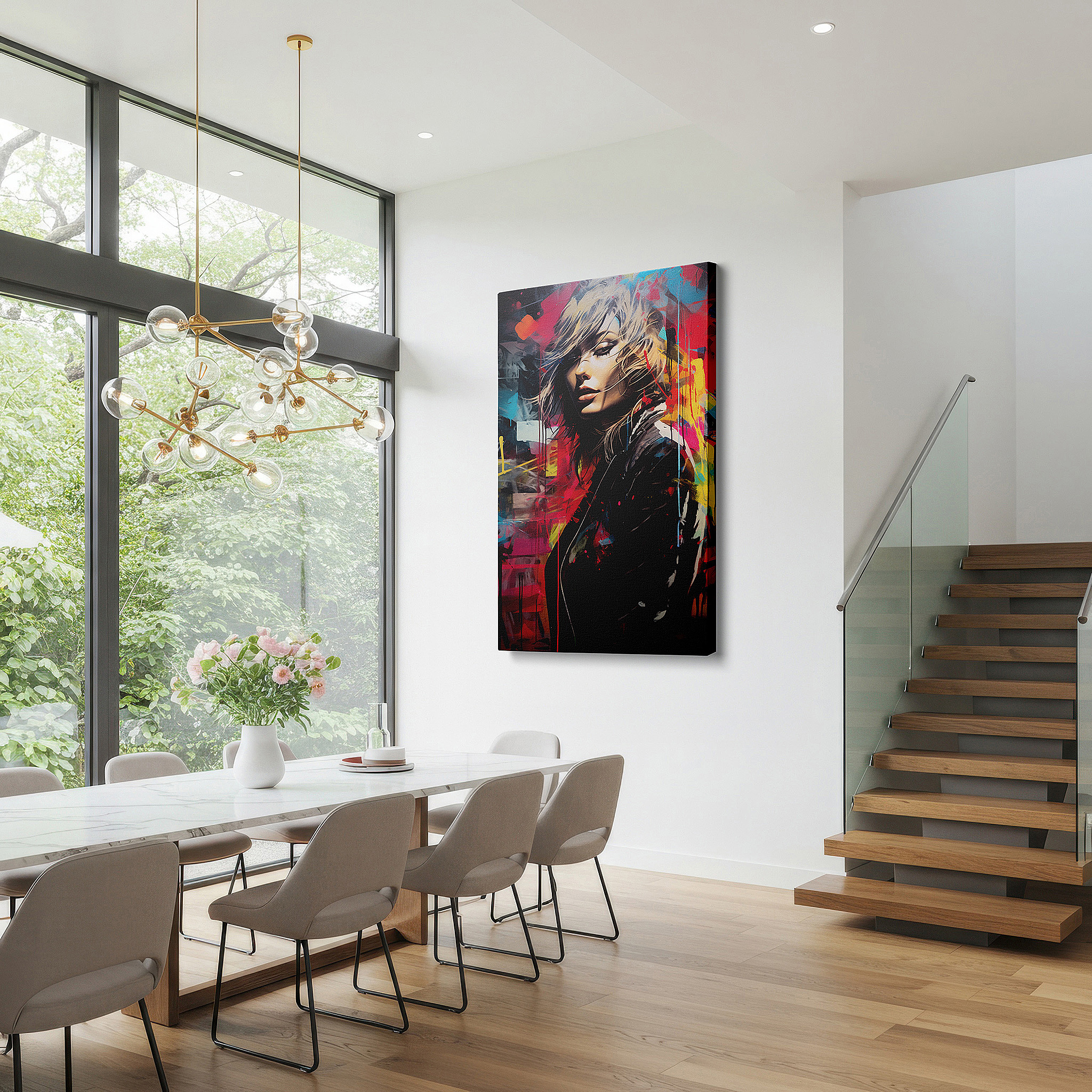 Set in a minimalist interior with textured walls and soft rugs — contemporary female in city turmoil, vibrant and emotional large wall art, canvas wall art, wall decor for office and bedroom
