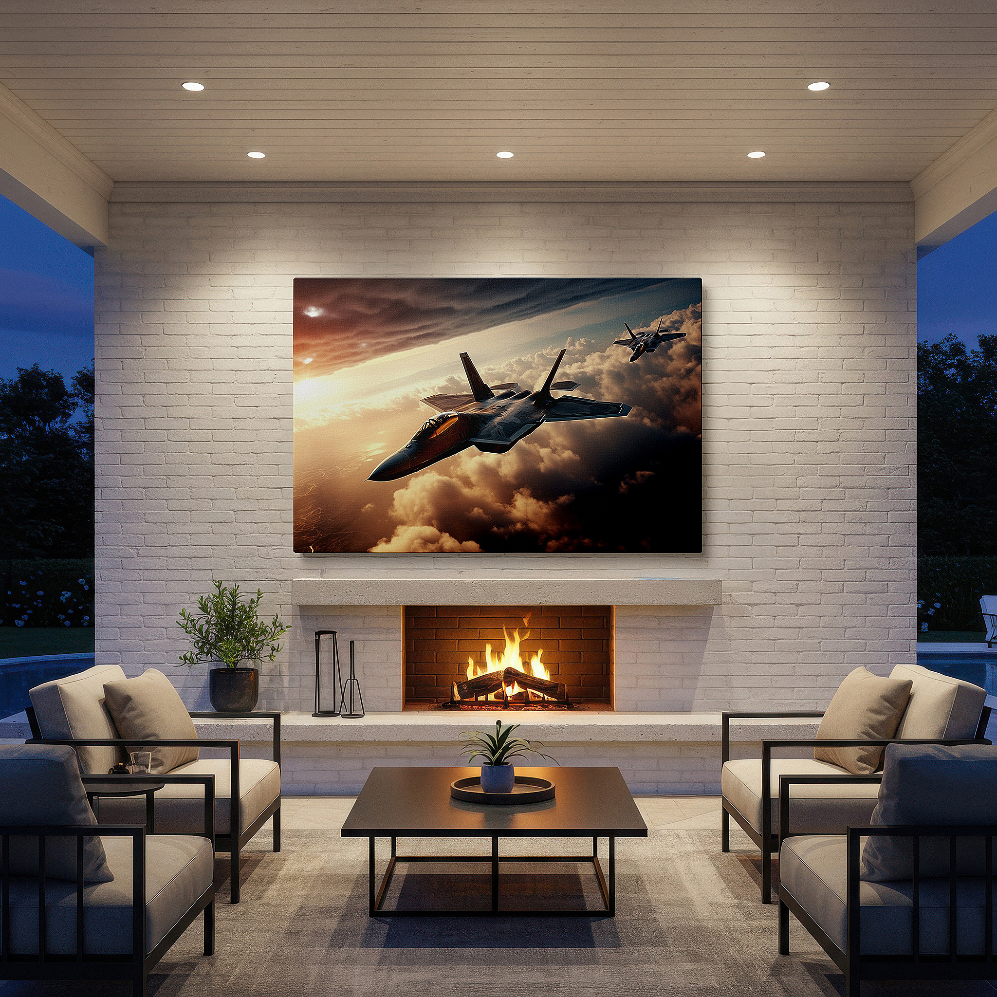 Set in a minimalist interior with textured walls and soft rugs — dynamic aviation mastery canvas art featuring jets against a sunset sky - ideal for office, bedroom, and living room decor