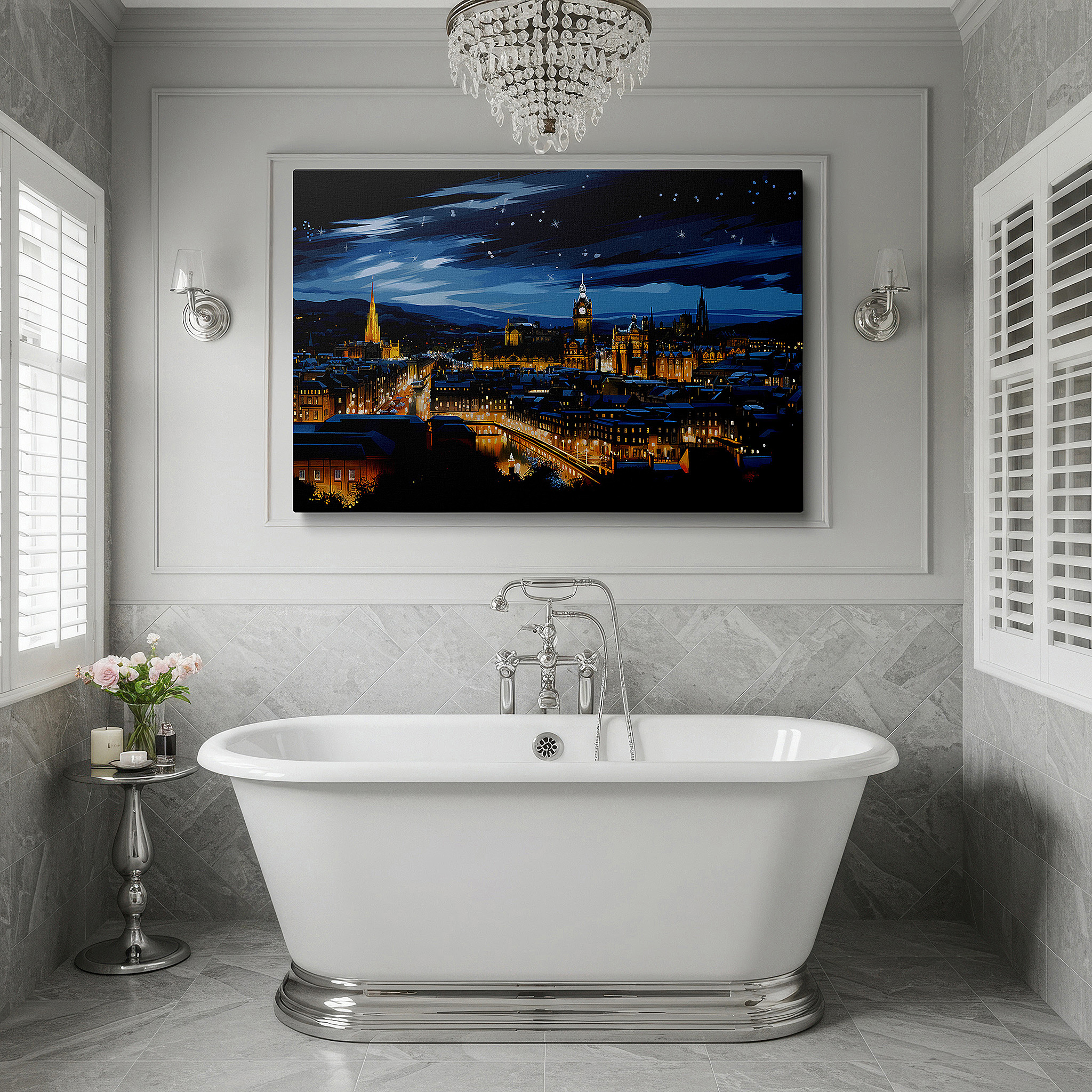 Set in a minimalist interior with textured walls and soft rugs — edinburgh's night skyline under starlit mystique - a panoramic view of historic and modern architectural splendor large wall art, canvas wall art, wall decor