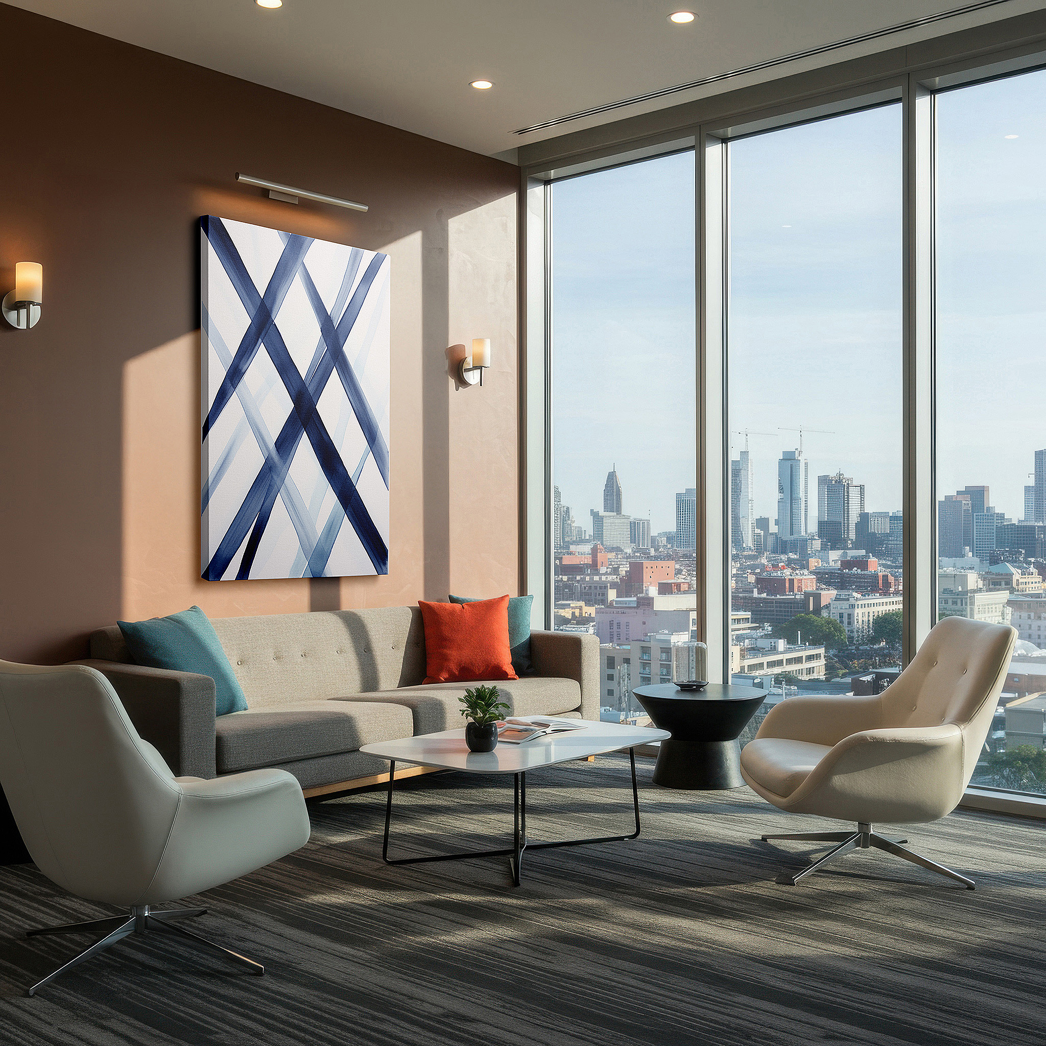 Set in a minimalist interior with textured walls and soft rugs — elegant abstract art featuring rich blue shades and bold diagonal lines - large canvas wall decor for office and bedroom