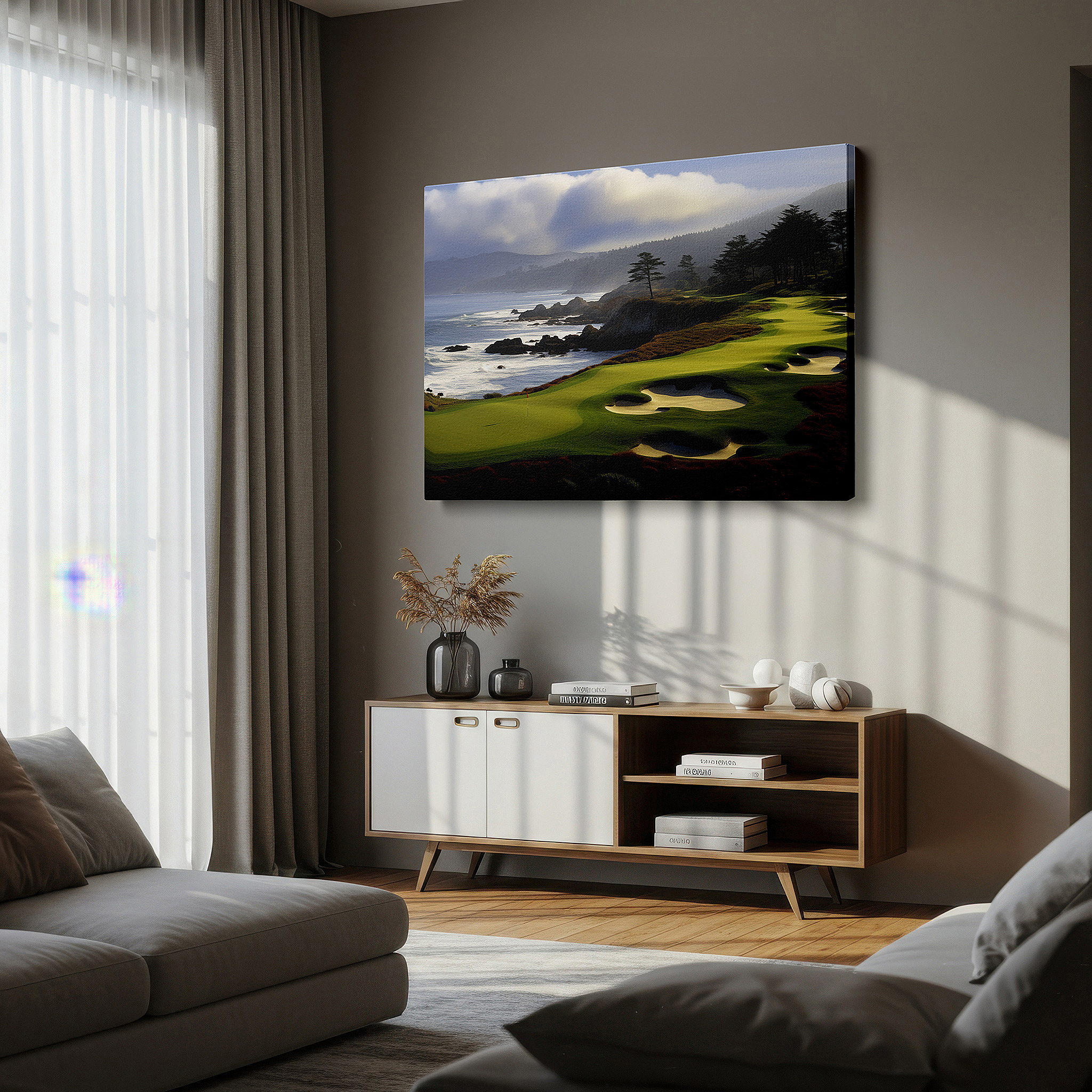 Set in a minimalist interior with textured walls and soft rugs — elegant coastal golf course and rugged shorelines large wall art, dramatic sky canvas, office and bedroom wall decor