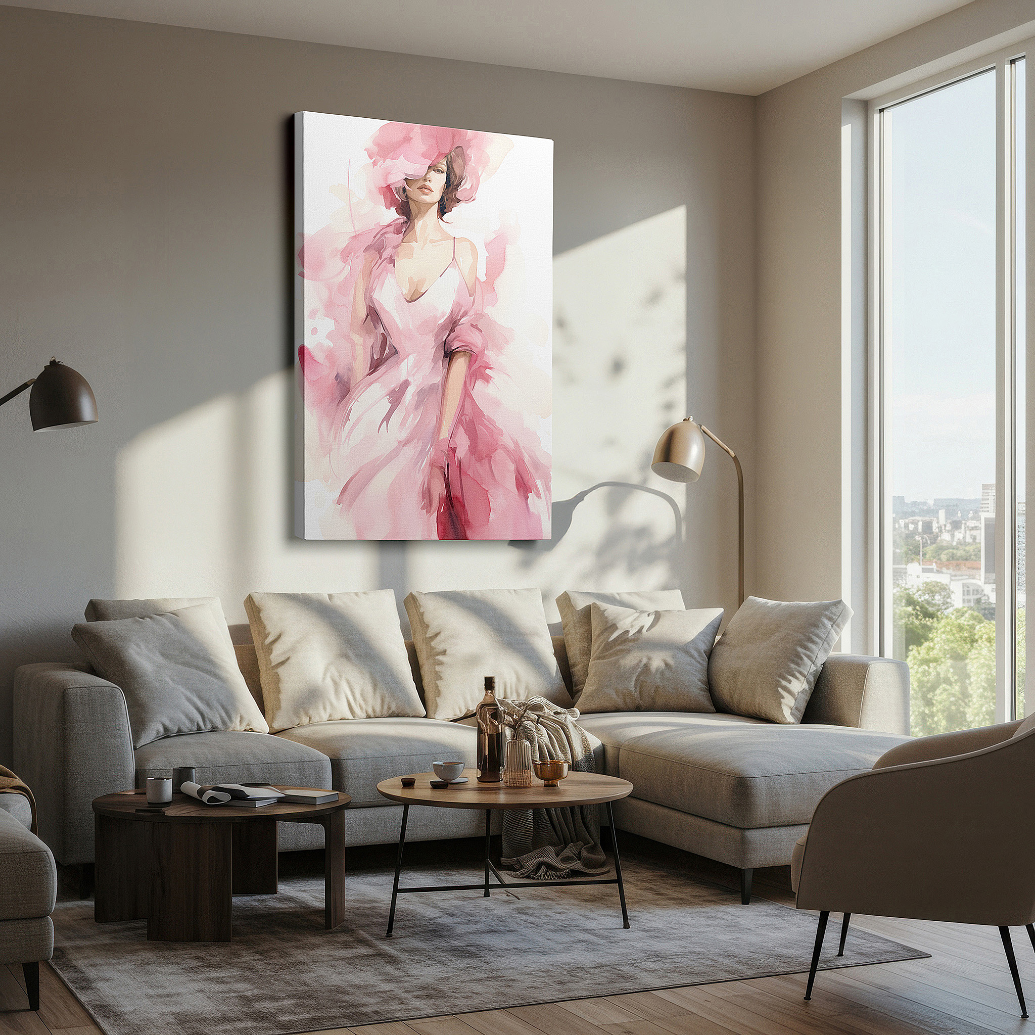 Set in a minimalist interior with textured walls and soft rugs — elegant contemporary feminine style with a flowing pink gown large wall art, canvas wall art, wall decor for office, bedroom, and living room