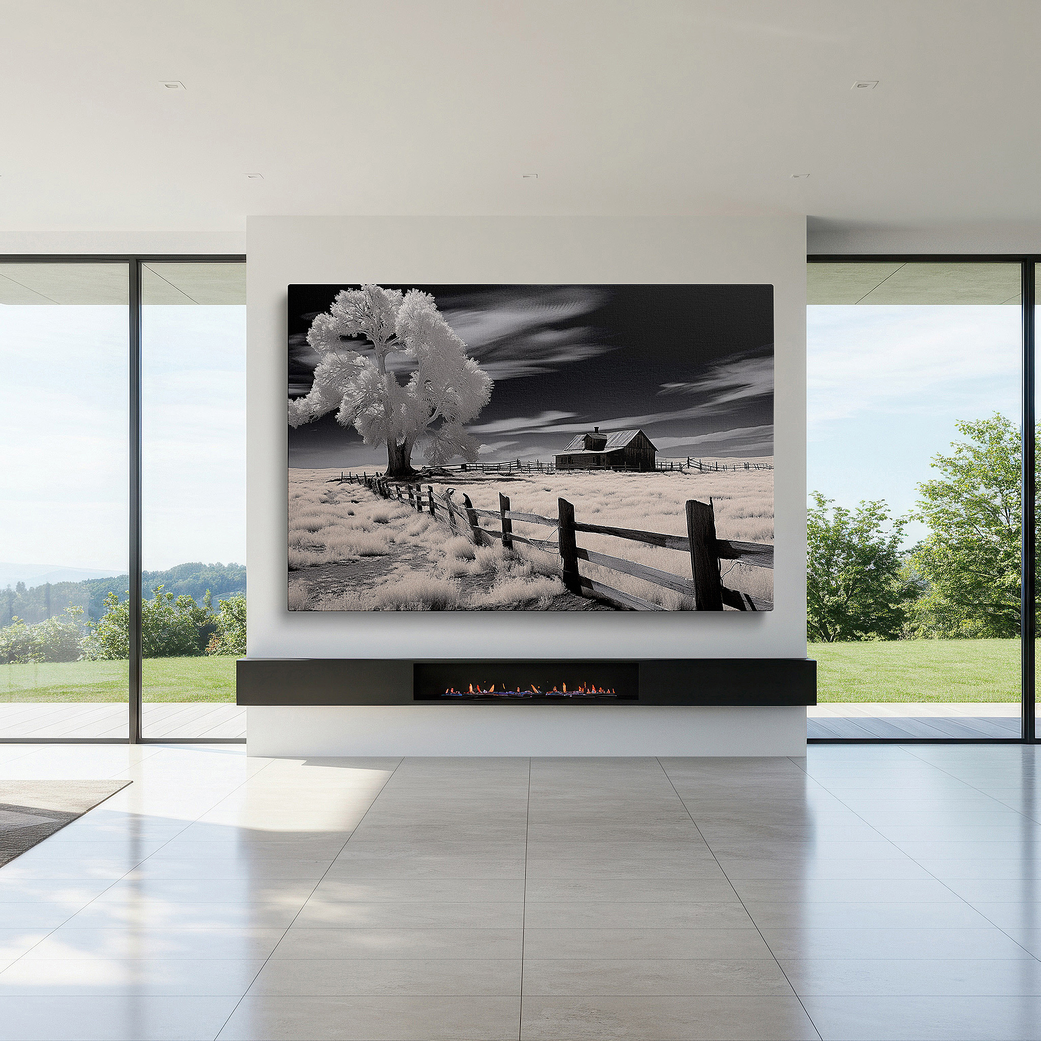 Set in a minimalist interior with textured walls and soft rugs — elegant and mysterious black and white scene - abandoned house with ghostly tree in stark landscape, large wall art, canvas print, home and office decor