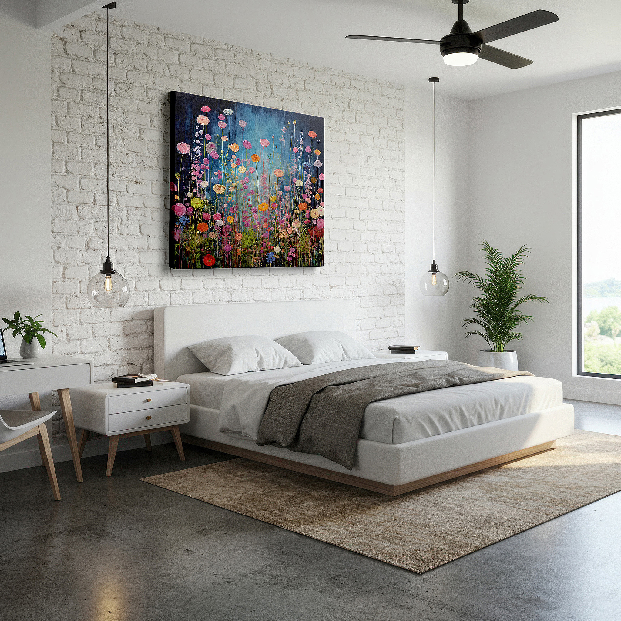 Set in a minimalist interior with textured walls and soft rugs — enchanted garden oasis canvas wall art featuring vivid blooms and a deep blue sky for office, bedroom, and home decor